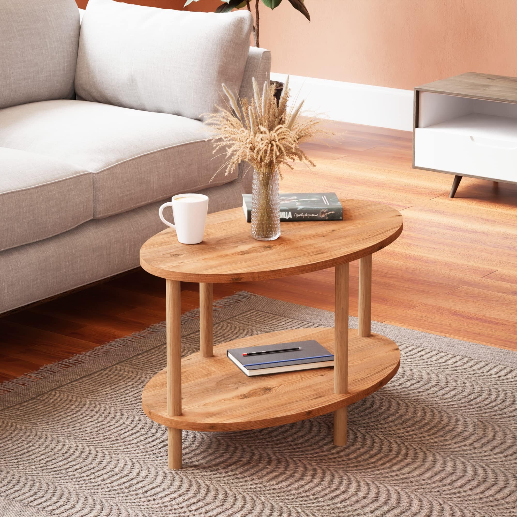 – [en.casa] Coffee Table Højreby with Lower Shelf Living Room Table Coffee Table 43 x 70 x 44 cm Sofa Table Oval Side Table Wood Look