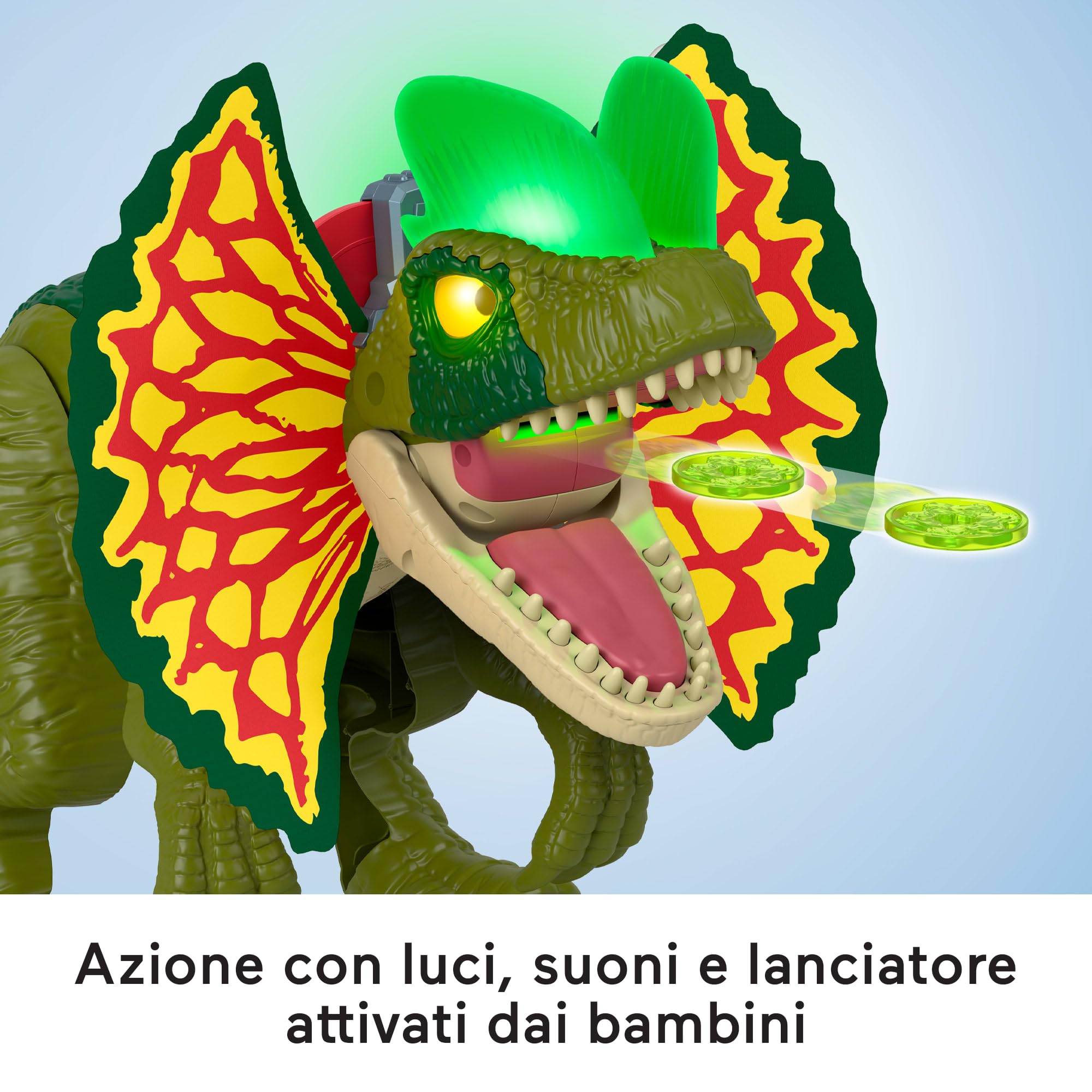 Fisher-Price Imaginext Jurassic World - Attacco del Dilofosauro, dinosauro alto 40+ cm con luci e suoni, griletti sulla coda e sul collo attivano il lancia-proiettili, 3+ anni, HVY16