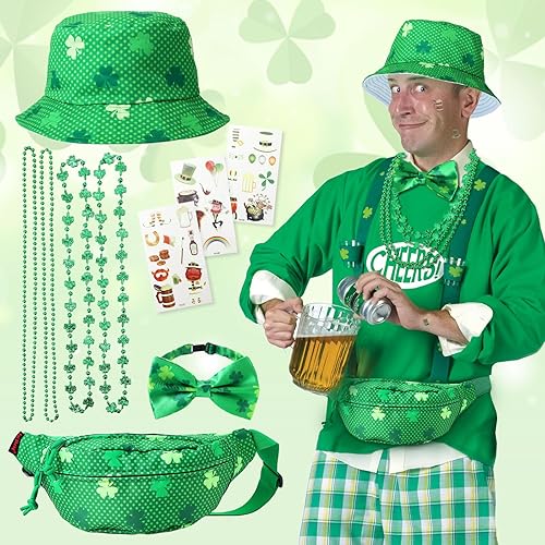 Vista 4 de Wigood Collares del día de San Patricio con cubierta de trébol verde, sombrero superior, collares de cuentas metálicas para disfraces de fiesta
