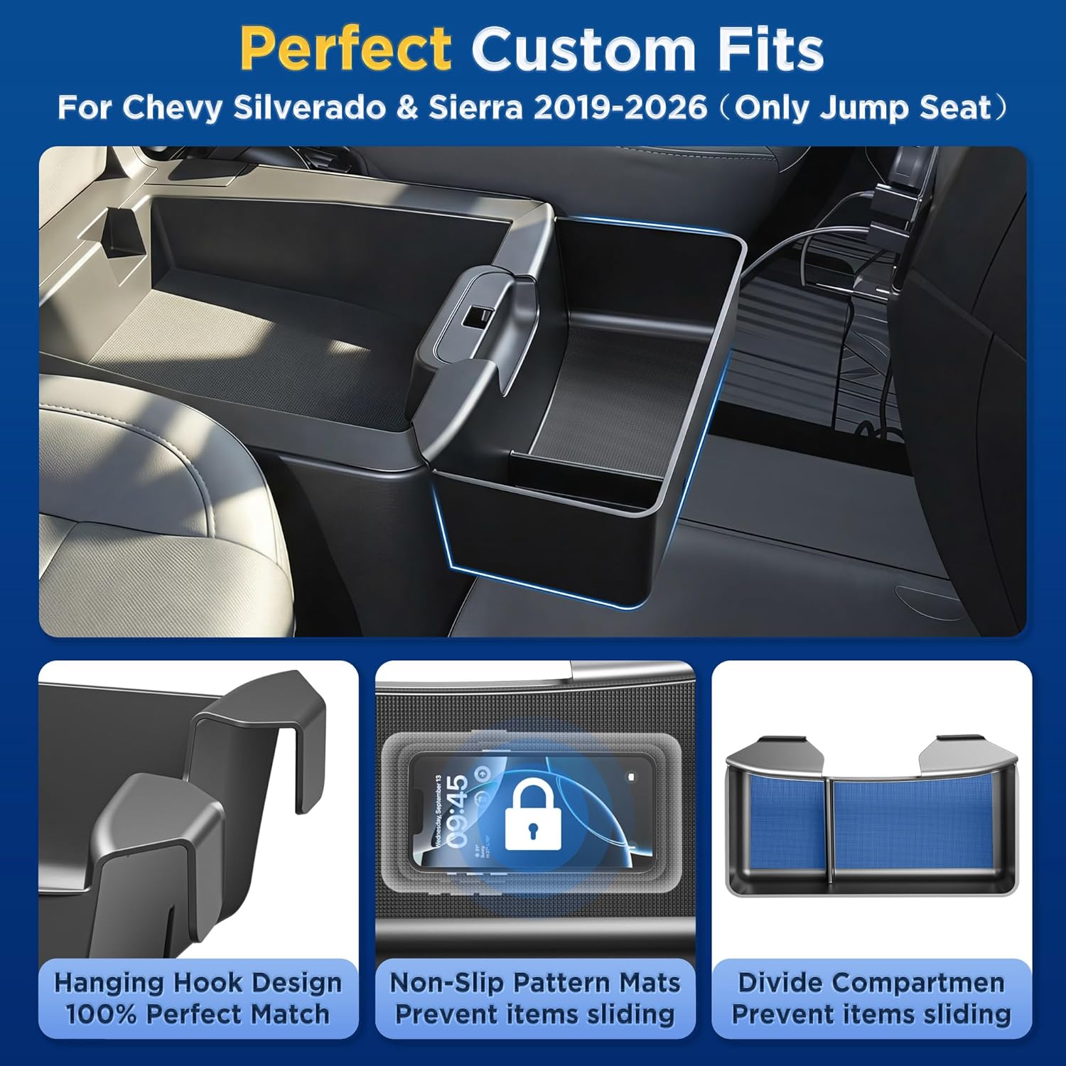 Center Console Hanging Organizer Tray for Chevy Silverado/Sierra 1500(2019-2026) & Silverado/Sierra 2500HD 3500HD(2020-2026) Accessories(Split-Bench Folding Seat Only) Black