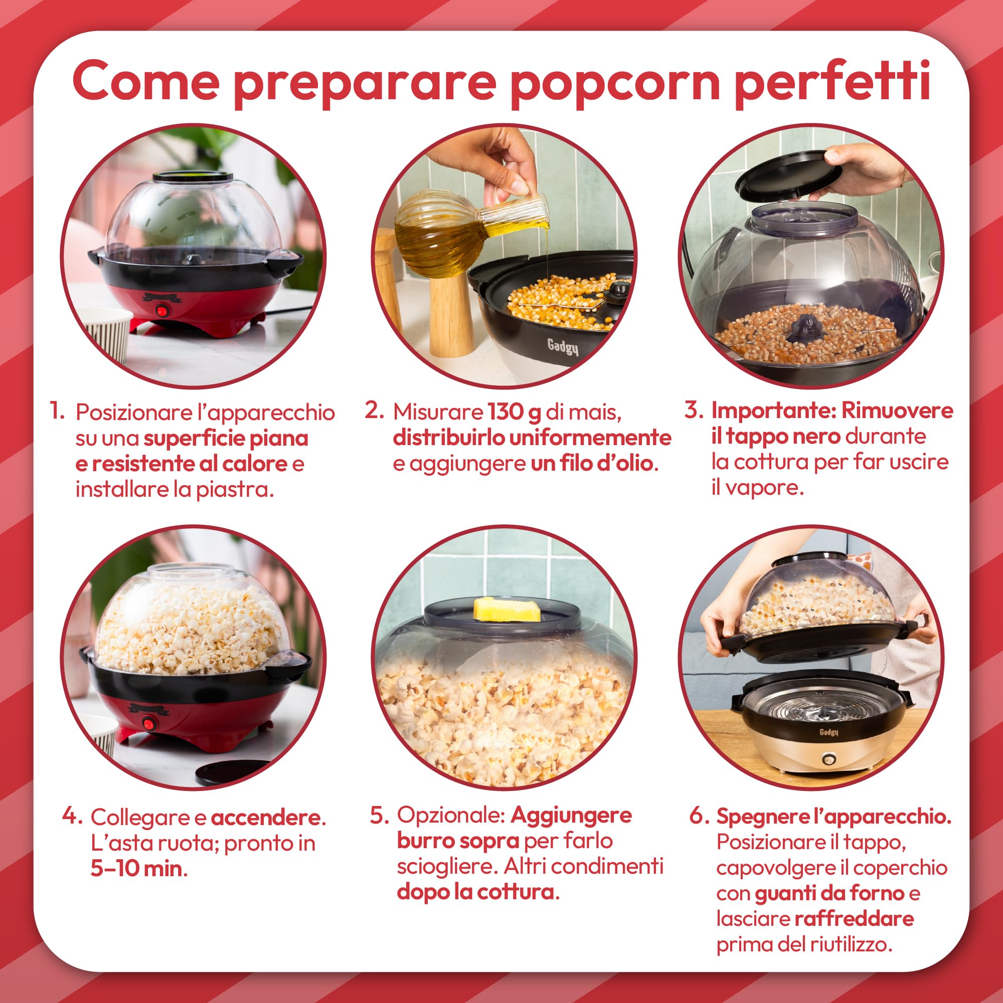 Gadgy Macchina Popcorn | Macchina per Pop Corn ad Aria Calda l Preparazione Salutare, Senza Olio o Grassi l Macchina Pop Corn con Misurino e Coperchio Superiore Rimovibile l Rivestimento Rosso Retrò