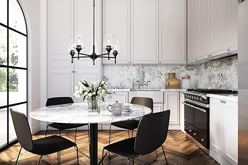 Miniatura 4 de Edvivi Arlo - Candelabro negro mate con pantallas de copa de vino transparente, 5 luces modernas colgantes industriales para isla de cocina, luces