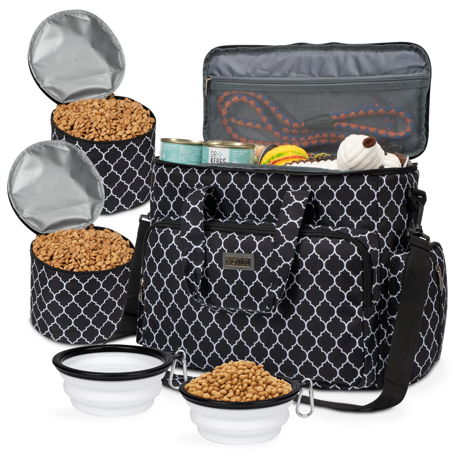 BAGLHER Dog Travel Bag, Pet Travel Bag (ALL Pet Travel Supplies), With 2 Pet Food Containers and 2 Collapsible Silicone Bowls; Essential Kits for Pet Travel DLblack โ image 1