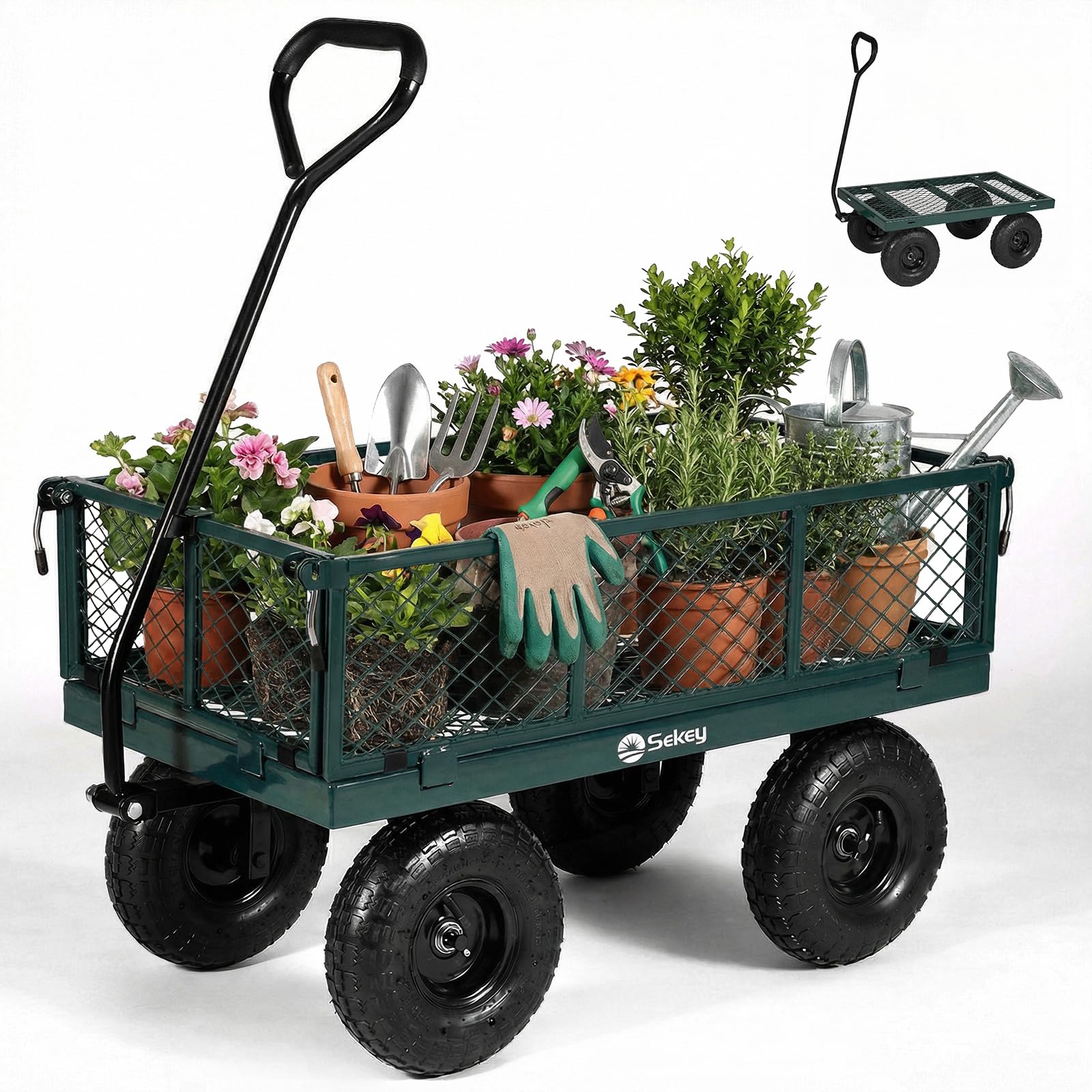 Sekey Heavy Duty Garden Trolley on Wheels, 350kg/100L Large Metal Utility Cart, 3-in-1 Pull Wagon with Removable Sides & Flatbed, 10" Pneumatic Tyres for Plants, Logs, Camping, Festivals - Green