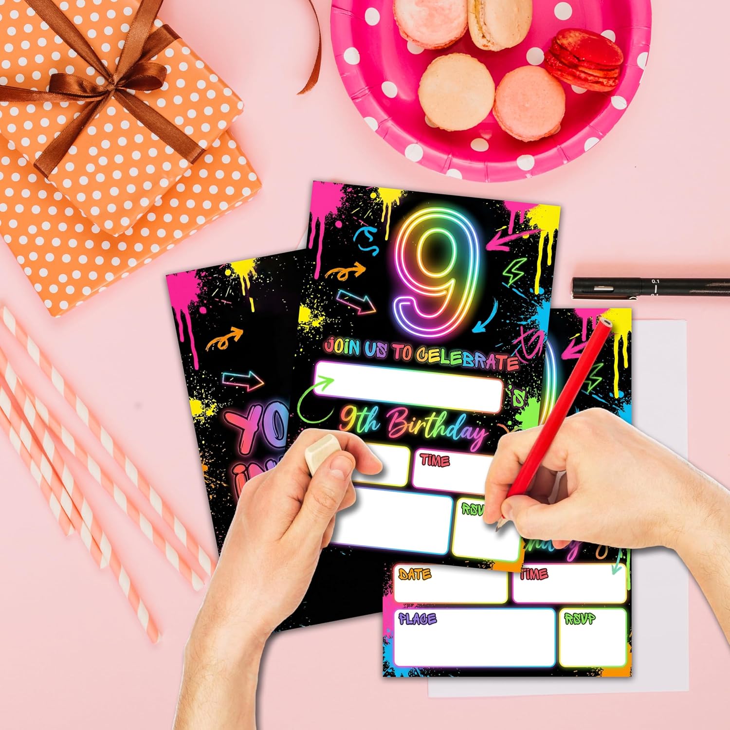 9Th Birthday Invitation Cards, Neon Double-Sided Fill In Style Birthday Invites With Envelopes, Colorful Graffiti 9 Years Old Invitations For Boys, Teen, Party Favor & Supplies - B05