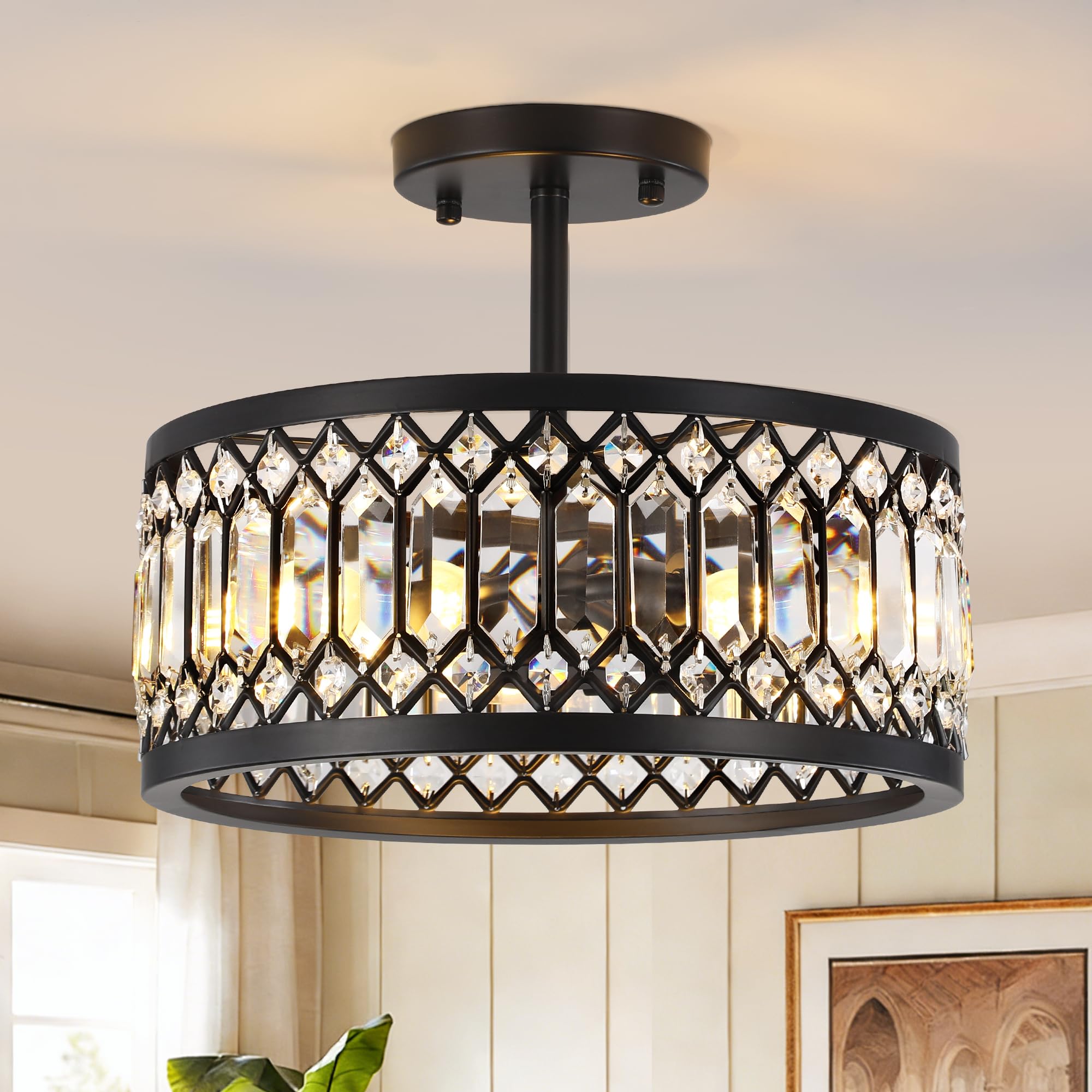 Photo 1 of CNRATYE Crystal Semi Flush Mount Ceiling Light, 12.6" Black, 3-Light
