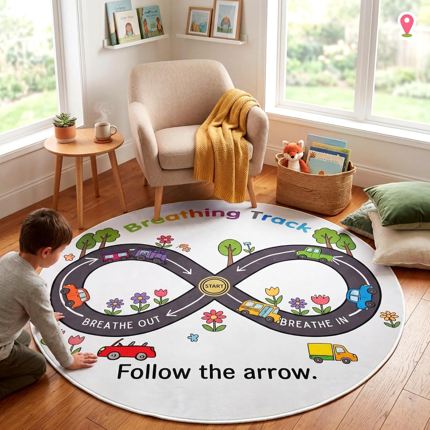 Calming Corner Items 4 ft Classroom Calming Corner Rug Circle Reading Corners Rug Washable Soft Calm Down Mat Mental Health Mat for Counseling Office Playroom Floor Decor(Breathing Track)