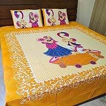 HABOO Soft Cotton Sanganeri Design 100% Cotton Bedsheet for Double Bed, 240 TC Soft & Breathable Double Bed Bedsheet with 2 Pillow Covers (90 x 100 Inches,Yellow - 2)