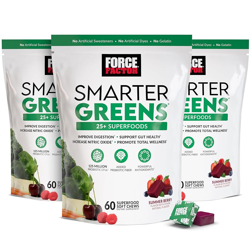 FORCE FACTOR Smarter Greens Superfood Chews, 3-Pack, Greens and Superfoods with Probiotics, Antioxidants, and Fiber, Greens Supplement to Support Digestion, Nitric Oxide, and Energy, 180 Chews