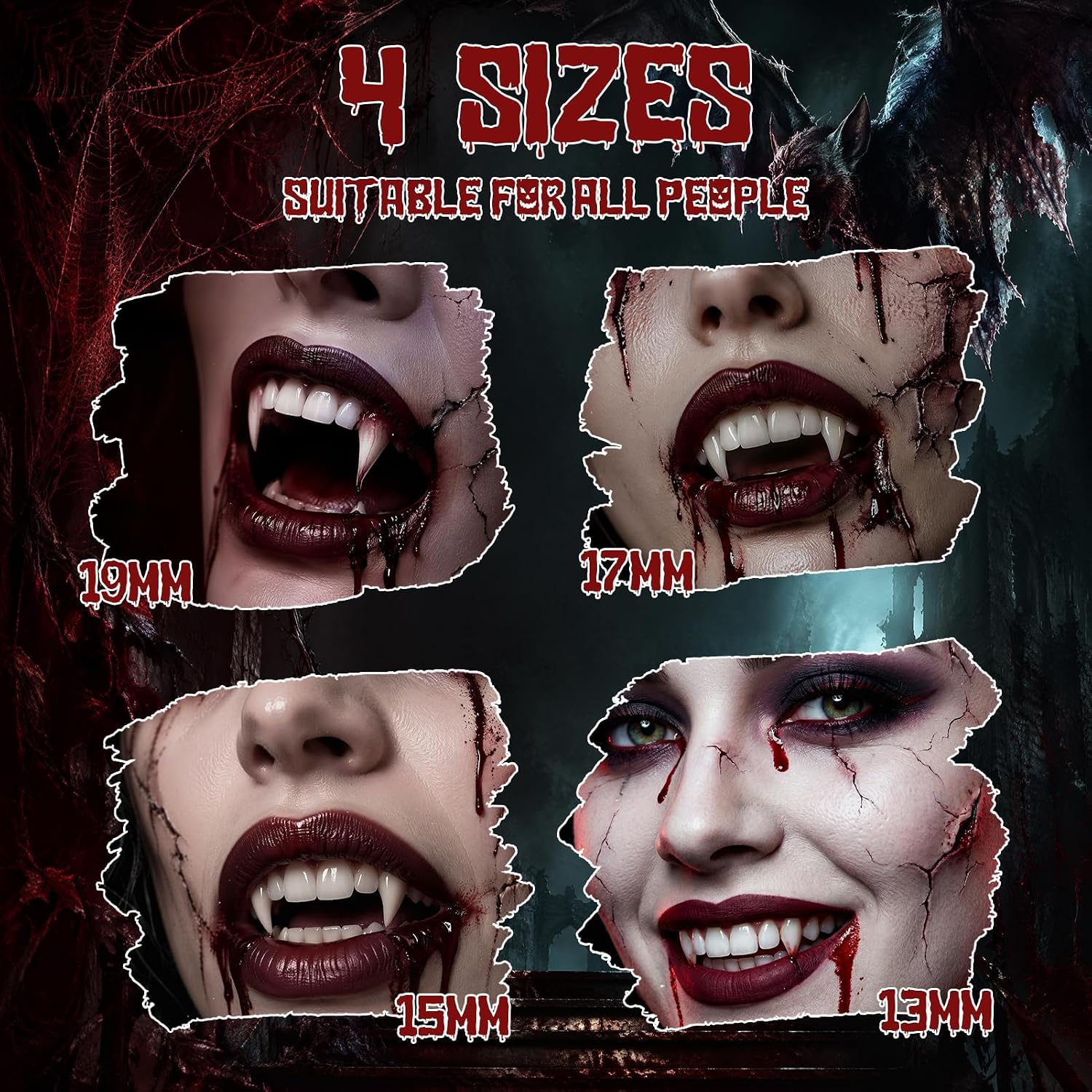 4 Pairs Fake Fangs Vampire Teeth for Cosplay&Complete Oral Hygiene Kit, 2 Interdental Brushes and 2 Deep Cleaning Teeth Wipes, Halloween Party Vampire Accessories for Halloween Cosplay Costume Makeup