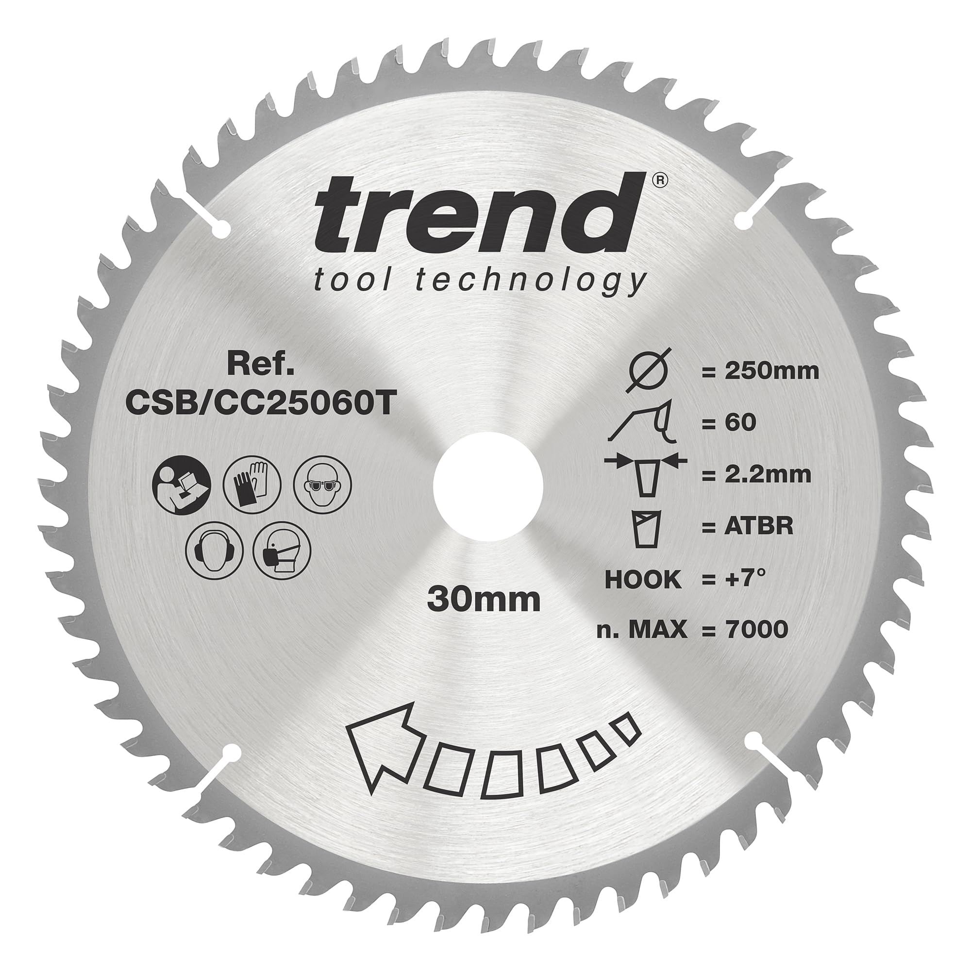 Trend Wood Cordless ATBR Lama per troncatrice, diametro 250mm, foro 30mm, 60 denti, taglio 2.2mm, angolo +7°, metallo duro (TCT), finitura fine, CSB/CC25060T