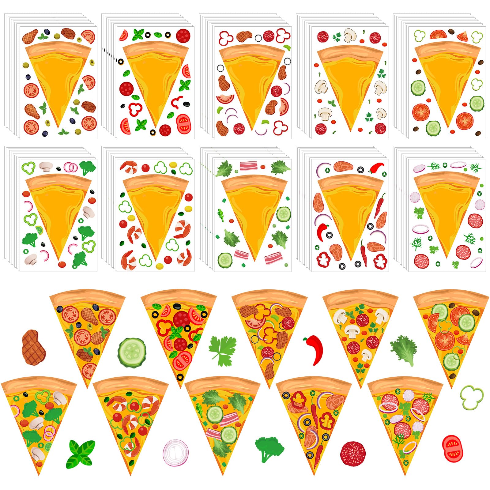 Resurhang Pizza-Aufkleber für Kinder, Pizza-Aufkleber, niedliche Partygeschenke, Dekorationen, gemischte und passende Aufkleber, DIY-Aufkleber für Kindergeburtstag, Themen-Projekt, Geschenk, 100 Blatt