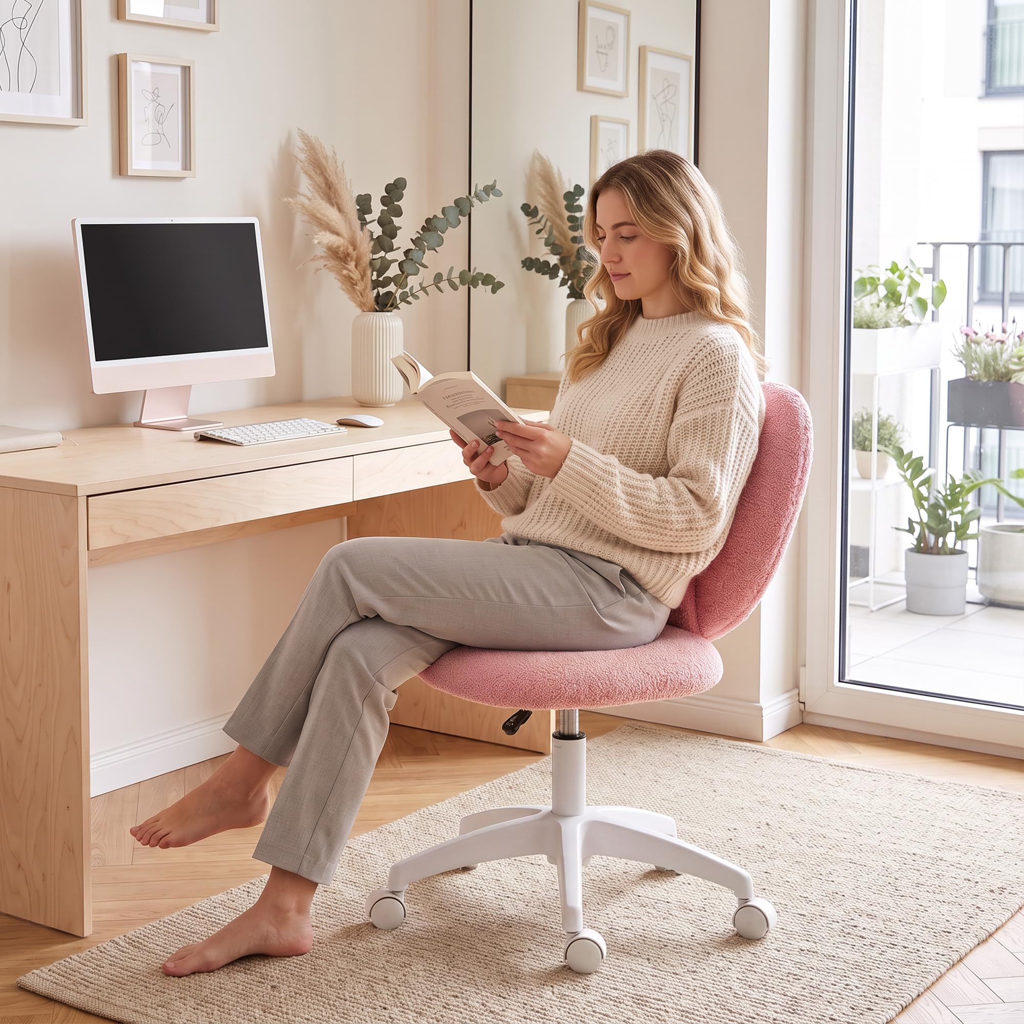 HOMCOM Chaise de Bureau sans accoudoirs, réglable en Hauteur, Rose