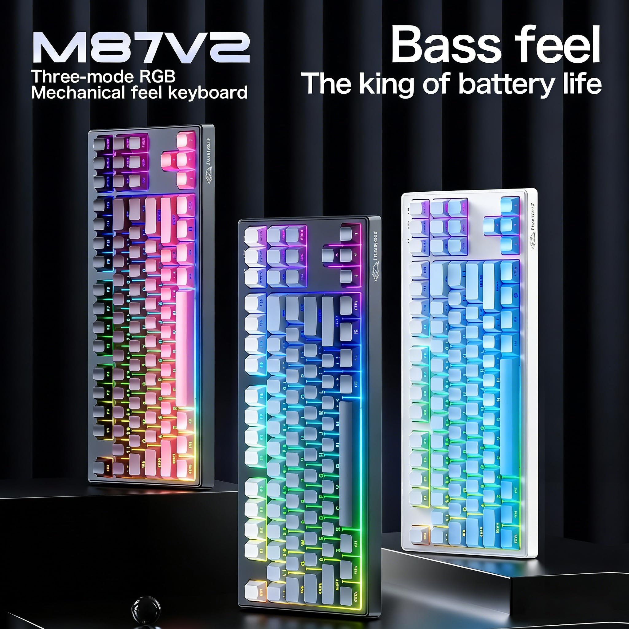 ZIYOU LANG M87V2 Triple-Mode Gaming Keyboard - Wireless, Bluetooth, Wired, RGB Backlit, Soft Silicone Quiet Switches, Side-Lit Keycaps, 4000mAh Battery, 87-Key Compact Layout - 3