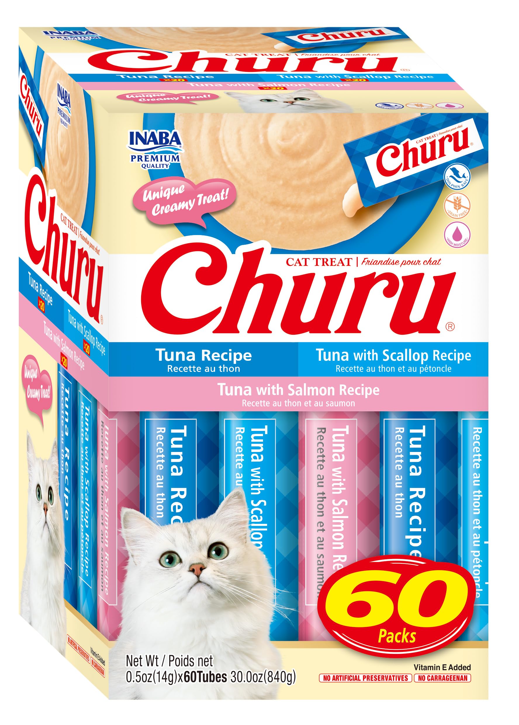 INABA Churu Cat Treats, Grain-Free, Lickable, Squeezable Creamy Purée Cat Treat/Topper, 60 Servings, 3 Flavor Tuna Variety Box