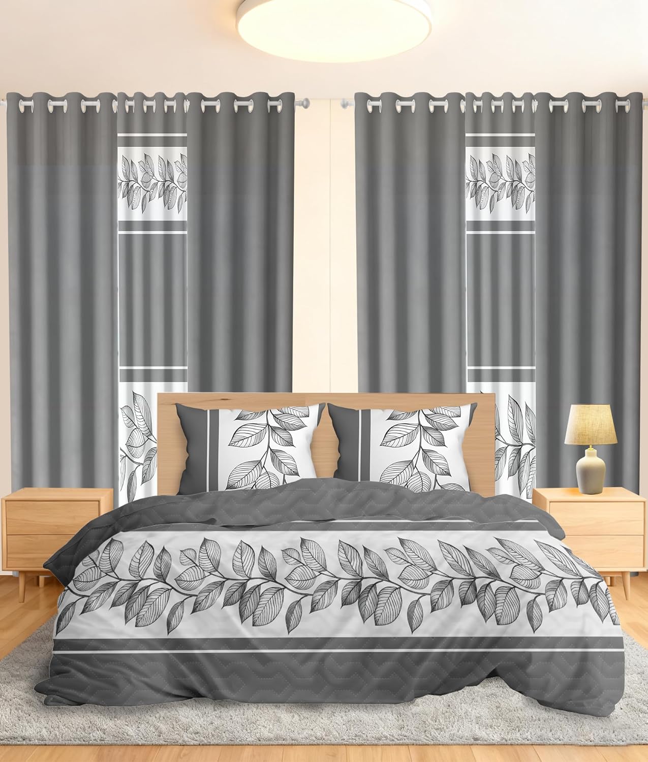 1 Bedspread Coverlet Bed Cover Lightweight Comforter Quilt Duvet 2 Pillow Cases Shams Bedroom Bedding Sets with 6 Matching Curtains for King Size Bed 9 Pieces Gray Leaves Print