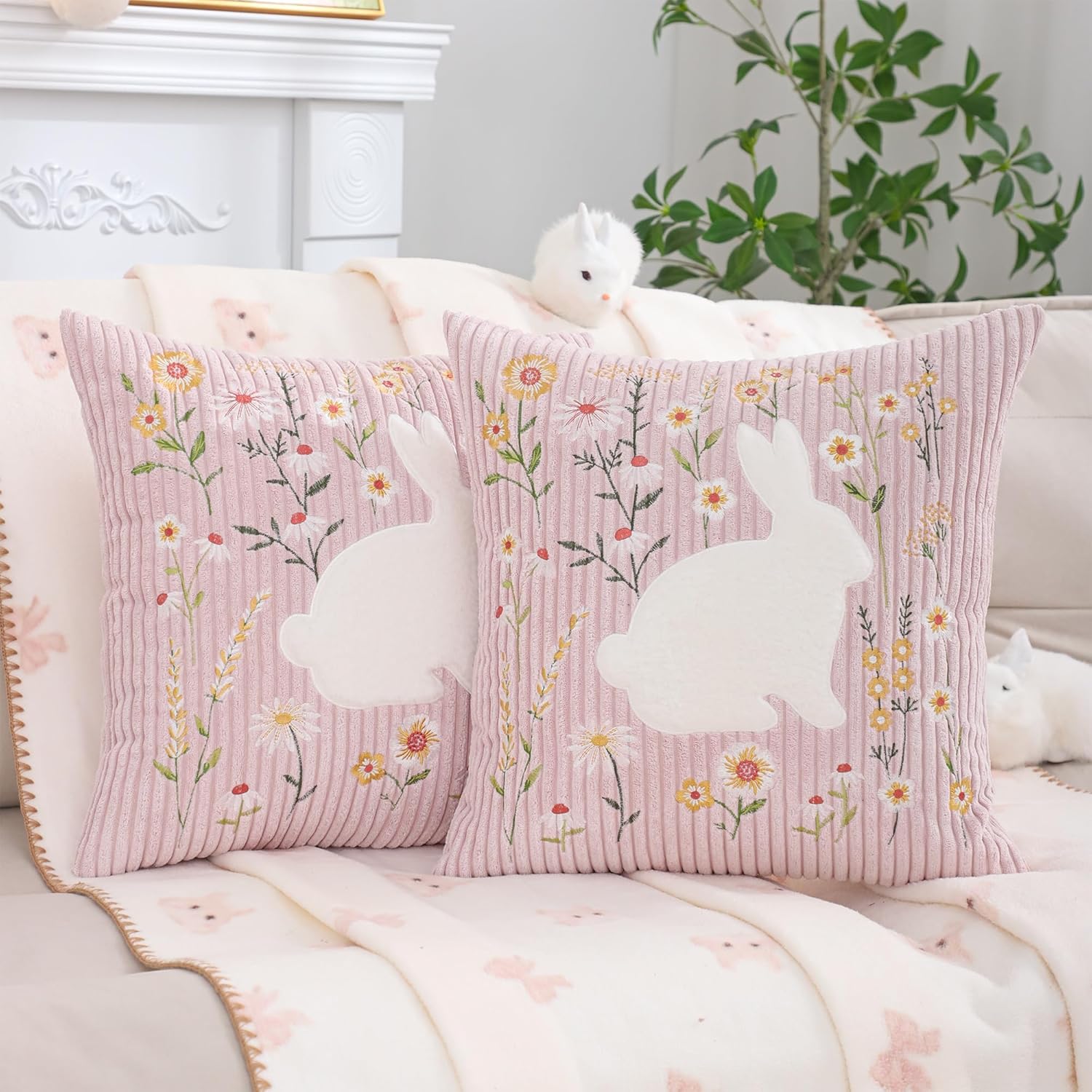 Spring Easter Embroidered Pillow Covers 18x18 Set of 2 White Rabbit and Flower Throw Pillow Covers Pink Easter Decorations Pillowcases Farmhouse Corduroy Cushion Covers for Easter Home Decor