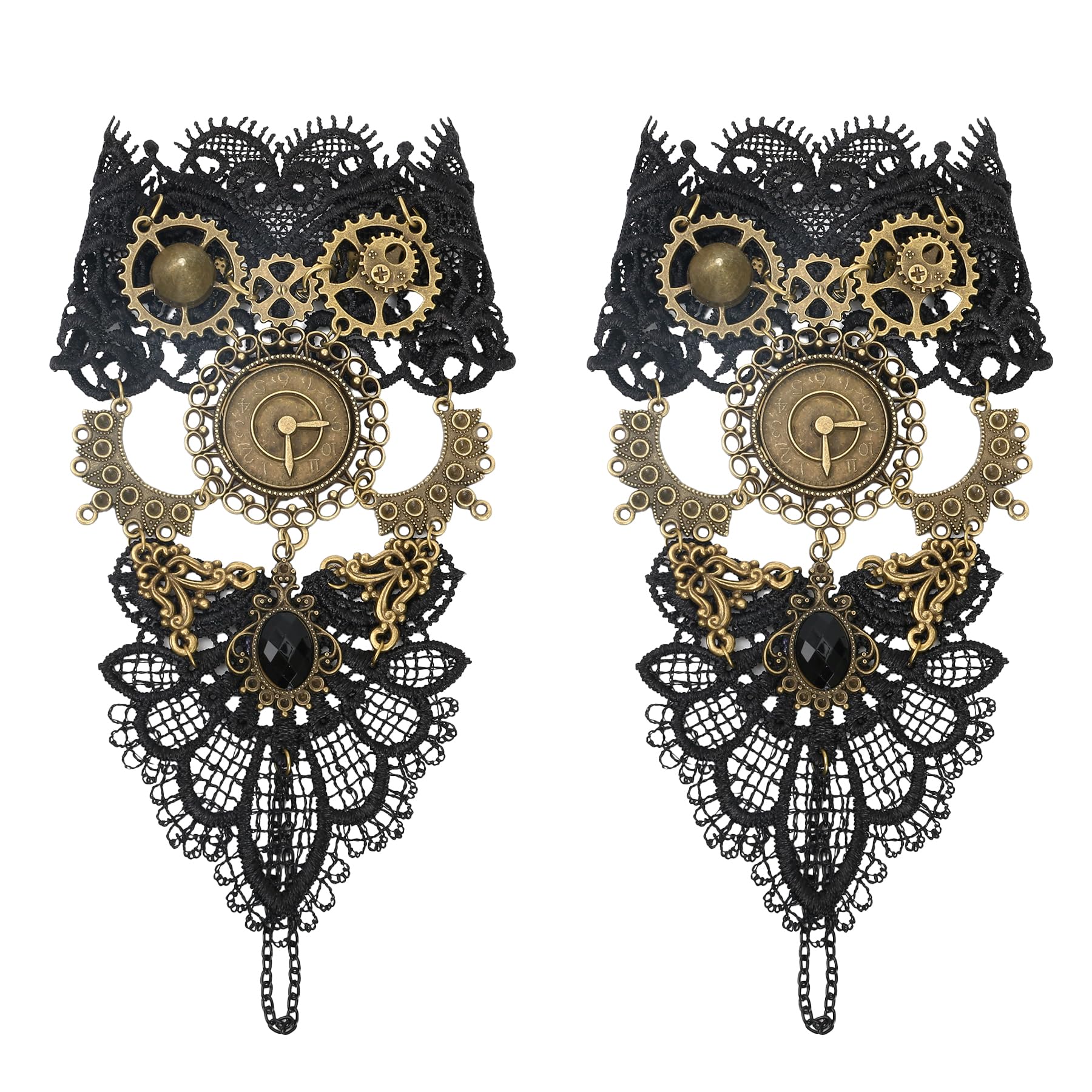 Wasise Steampunk Accessories, 2PCS Punk Accessories for Women Gothic Lace Gloves with Alloy Gears and Clock