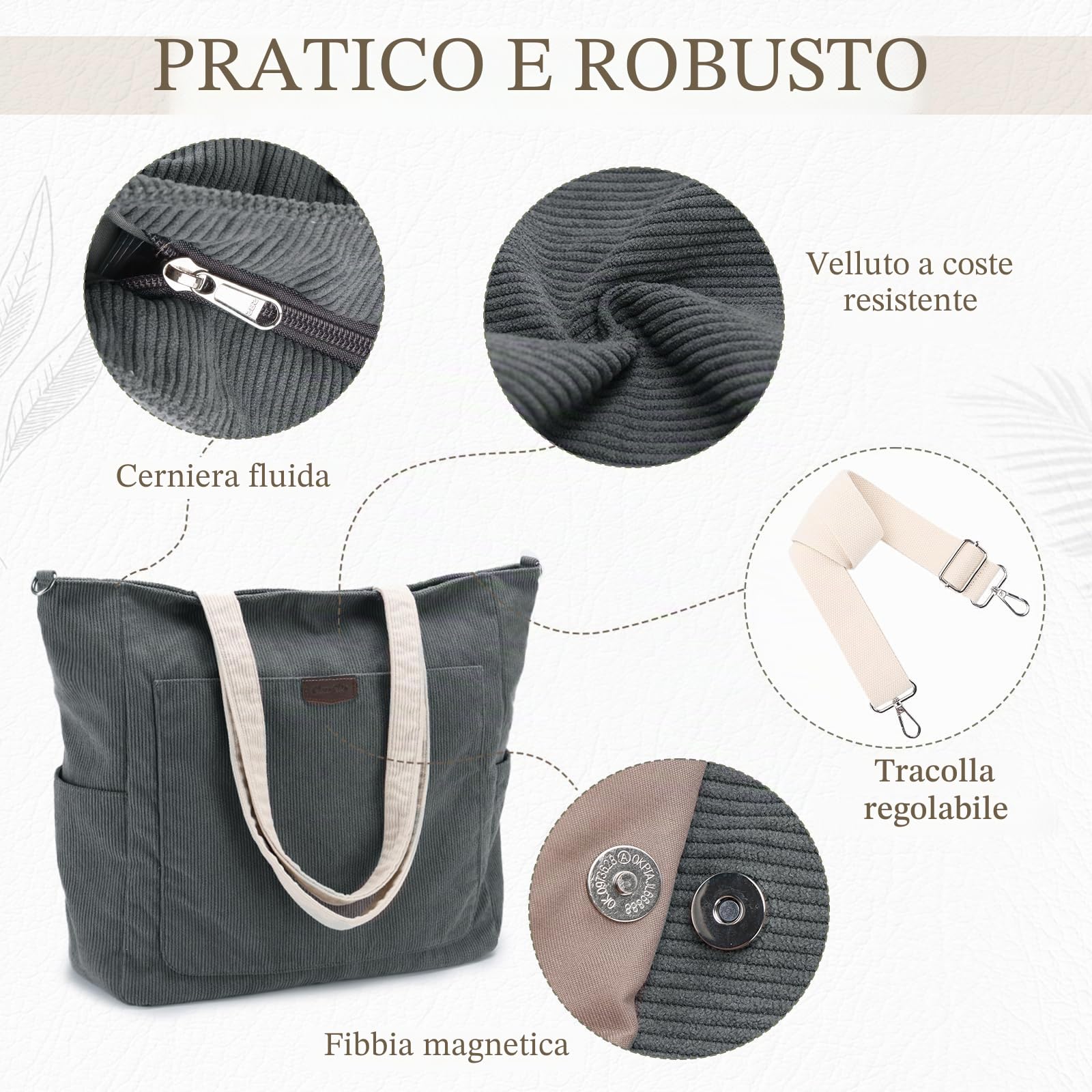 Chase Chic Tote Bag Università, Grande Borsa Tote in Velluto a Coste Casual Borsette Tracolla Spalla Shopper Donna per Viaggi