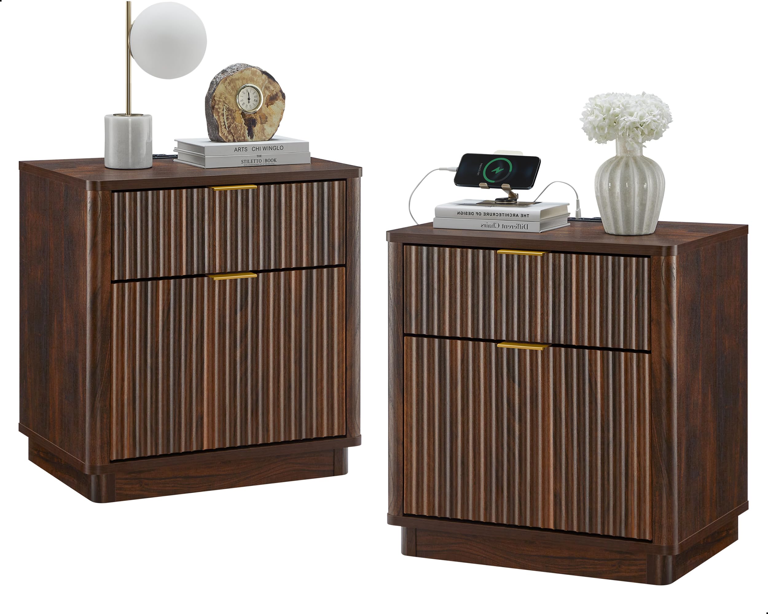 T4TREAM 23'' Fluted Nightstand Set of 2 with Charging Station, Large 2 Drawer Bedside Table, Modern End Table with Storage, Mid Century Night Stand for Bedroom Living Room, Curved Profile, Dark Walnut