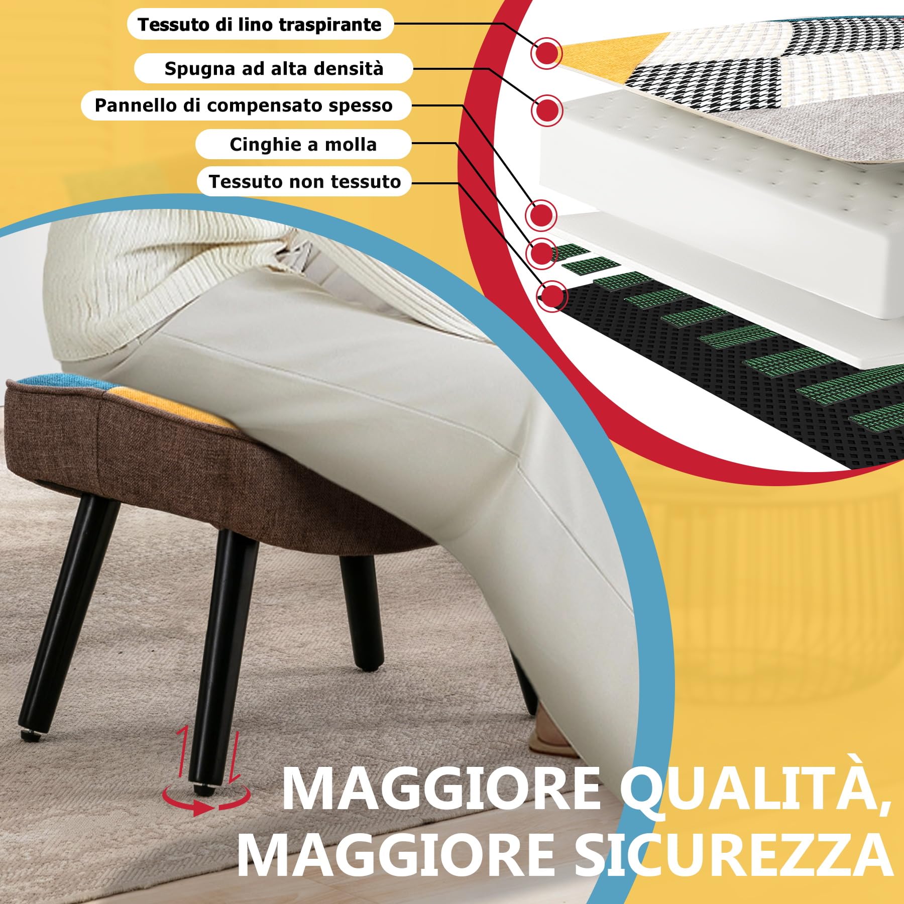 Poggiapiedi Ottomane Gambe in Legno Lino Patchwork Colorato Soggiorno Camera da Letto 41CMx51CMx37CM
