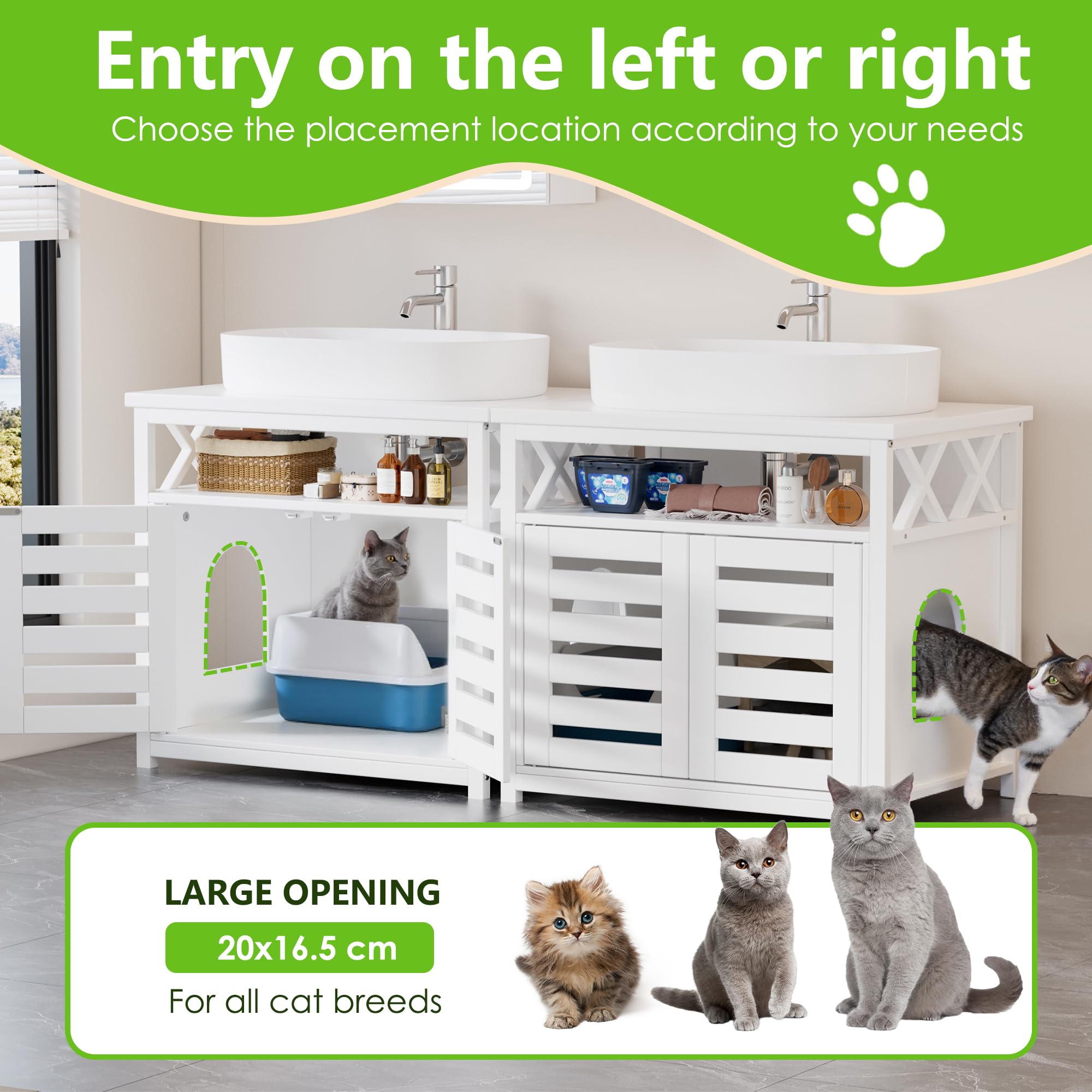 2 in 1 Casa di toilette per gatti e mobili sotto lavabo, mobile per animali persiani, armadio per lettiera per gatti con 2 porte, mobili per lettiera, 65 x 45 x 60 cm,lavello in ceramica non incluso