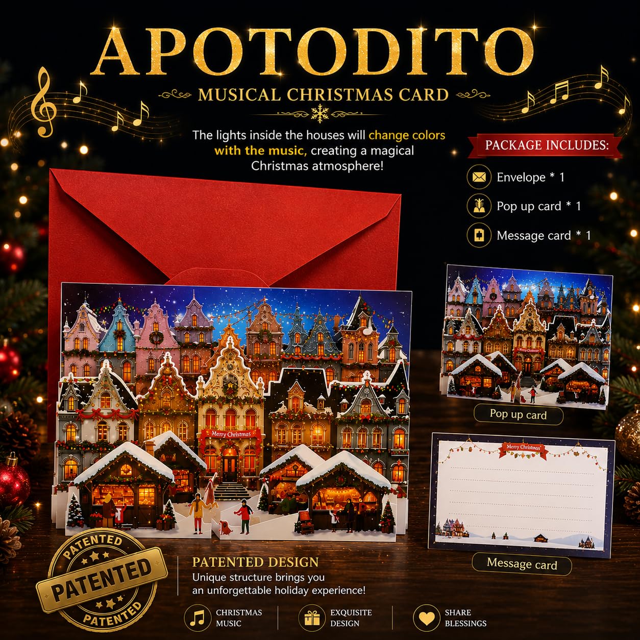 APOTODITO Pop Up Weihnachtskarten mit Licht und Musik, Lustige Weihnachtskarte, Weihnachtsgeschenke für Frauen Männer Weihnachten Silvester Neujahr