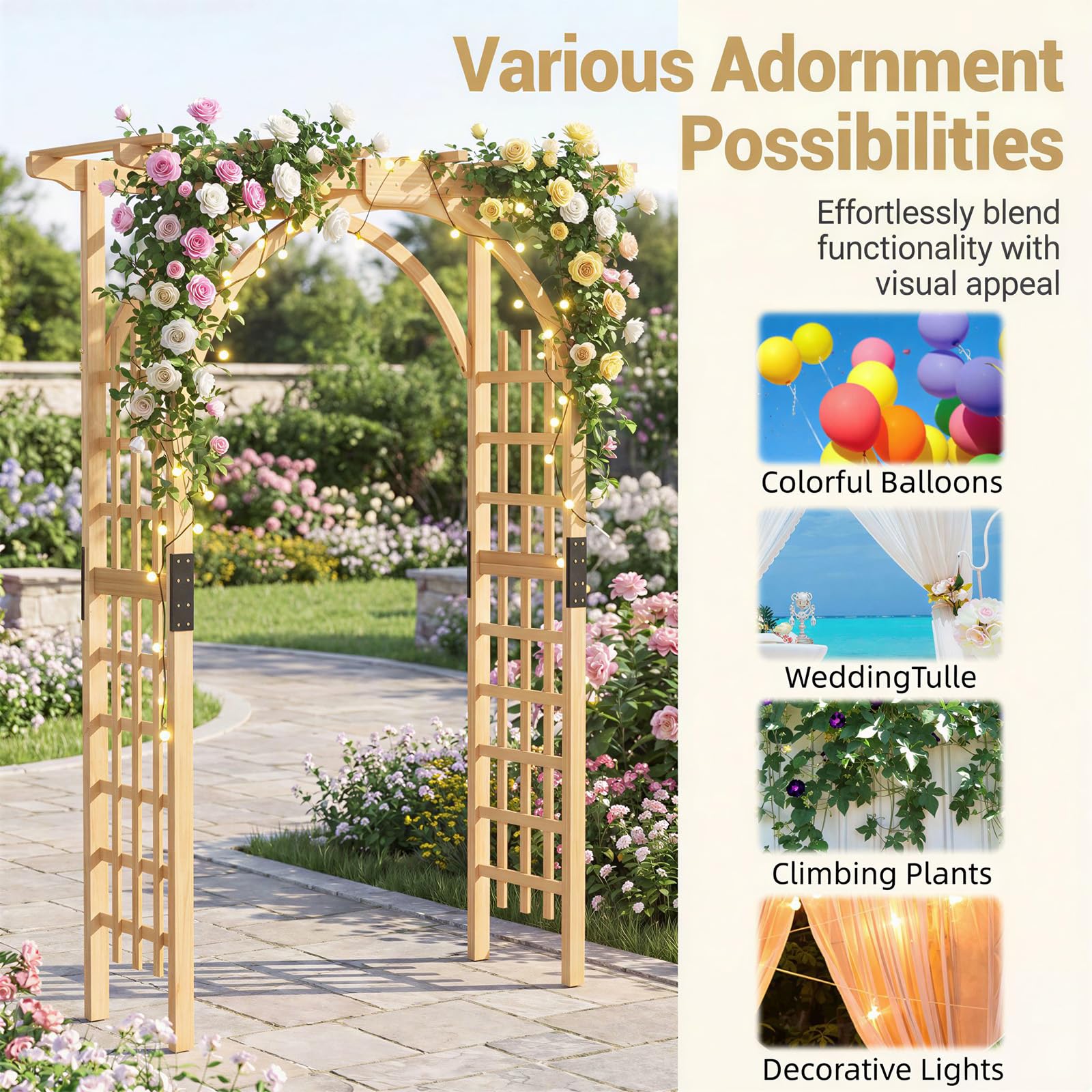 HOMASIS Gartenbogen Holz, Rosenbogen für Rosen & Kletterpflanzen, Rankhilfe für Hochzeit Garten Partys, Rankgitter Spalier Torbogen Rosengitter Pflanzenstütze mit Dach (Natur, 160 x 60 x 216 cm)