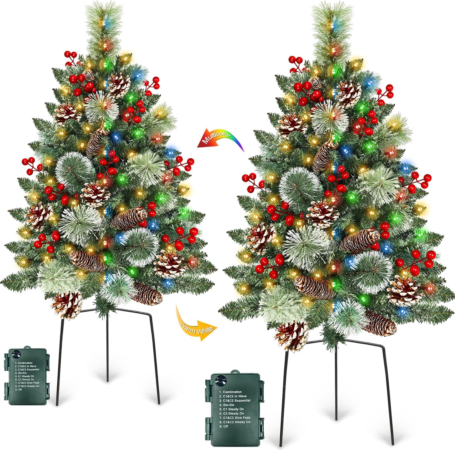Outdoor Christmas Tree 2 Pack 33" Christmas Urn Filler with 50 Warm&Colorful Lights, Artificial Xmas Tree 8 Modes Timer,Mixed Tips Pinecones Red Berries Battery Operated for Pathway Yard Porch Planter