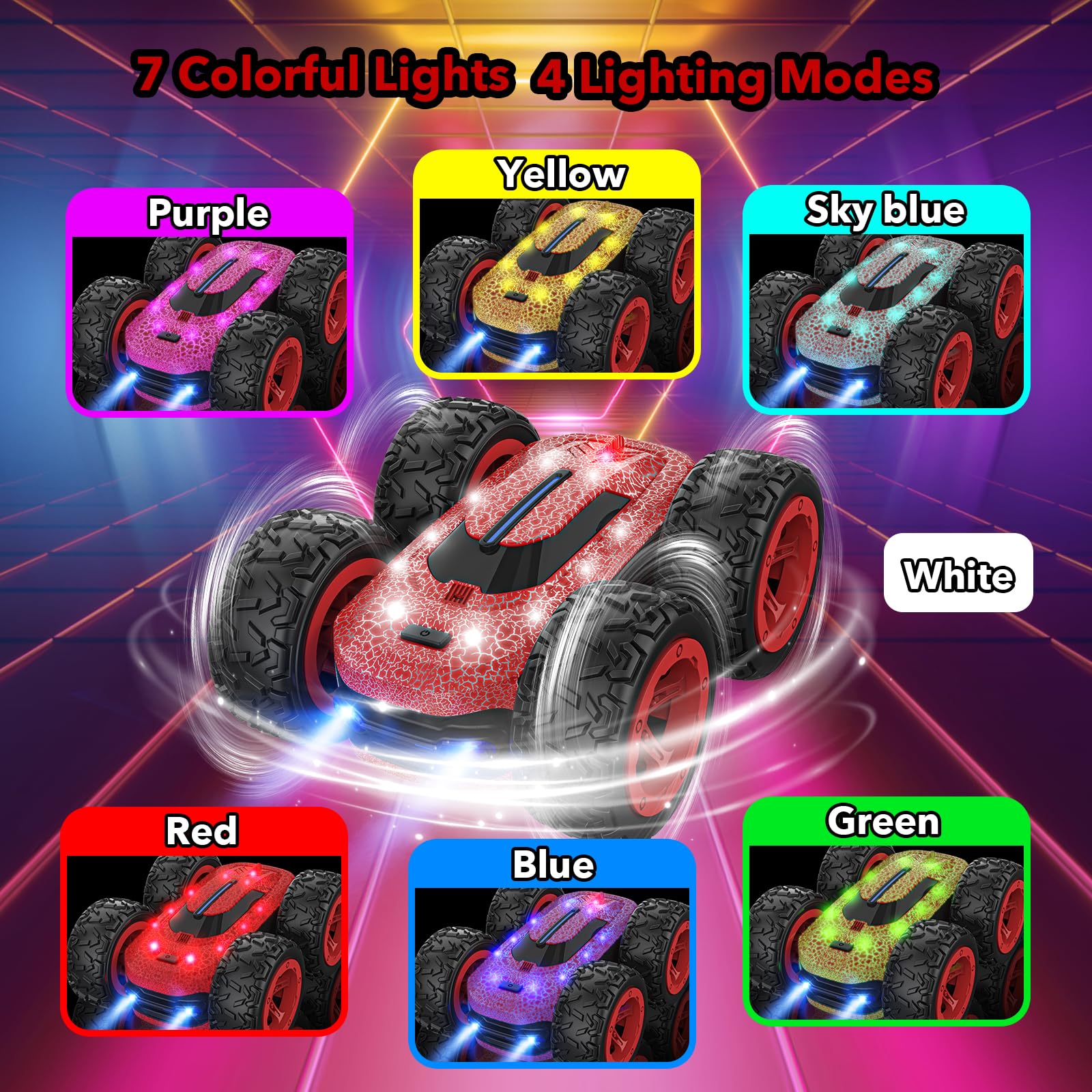 Macchina Telecomandata, 4WD Stunt Car Auto Telecomando 360° Rotazione Acrobatica con LED Luce 2.4GHZ Doppio Lato Macchina Radiocomandata per Bambini Ragazza Ragazzi Giocattoli Regali di Compleanno