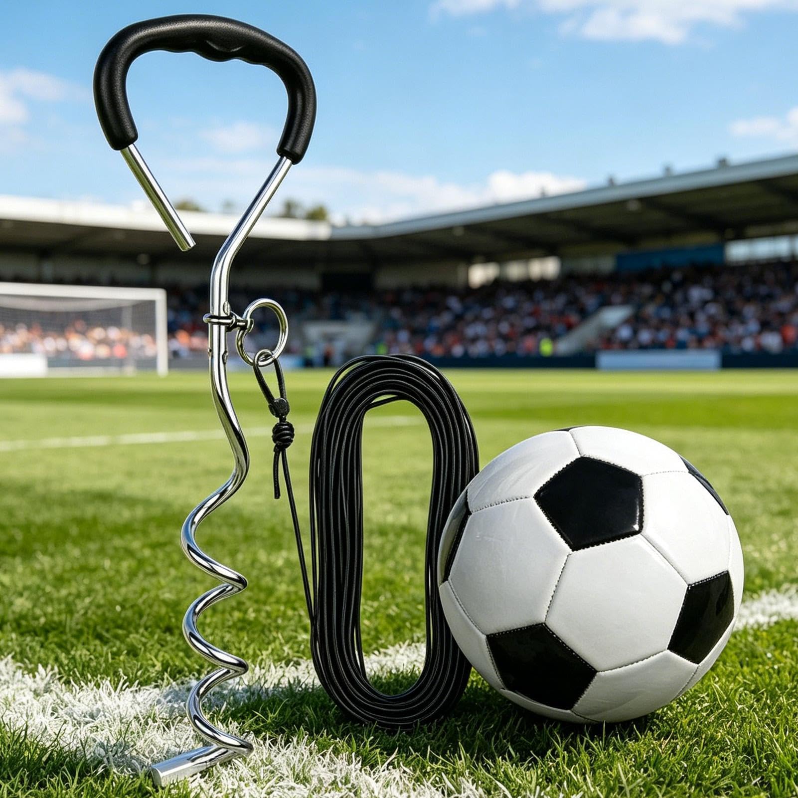 Trenażer Piłki Nożnej Sprzęt do ćwiczeń ze sznurkiem i palikiem | Sprzęt do treningu piłkarskiego na stadion, plac zabaw, szkołę, park, kemping, trawnik, podwórko, na zewnątrz
