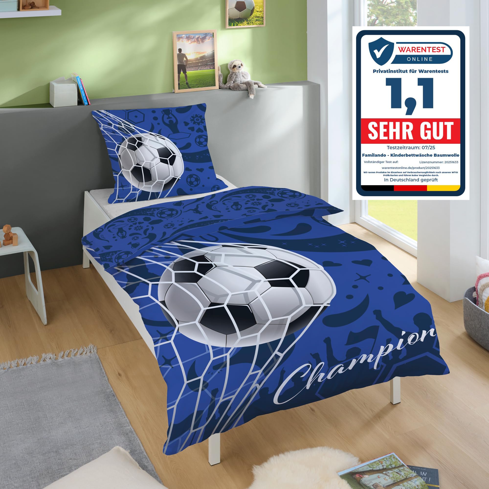 Familando – Fußball Bettwäsche-Set (2-teilig) – Decken- & Kissenbezug 135x200 cm & 80x80 cm mit Reißverschluss – 100% Baumwolle – Wendemotiv Champion – Atmungsaktiv & hautfreundlich - Öko-TEX