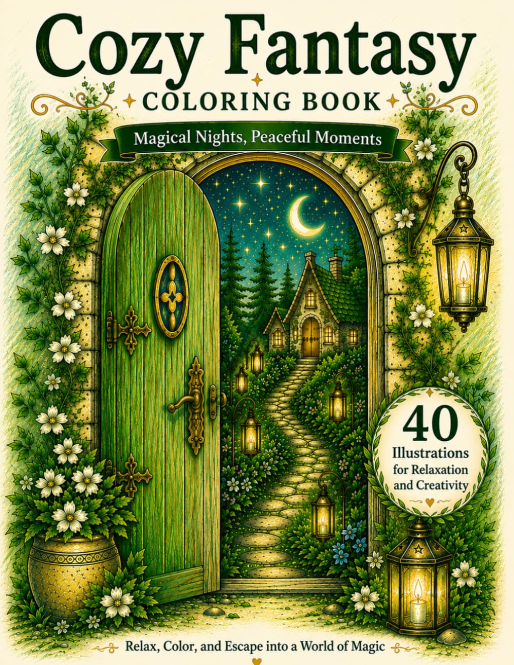 Cozy Fantasy Coloring Book for Adults: 40 Magical Night Scenes with Cozy Cottages, Glowing Lanterns, and Peaceful Fantasy Worlds for Relaxation and Stress Relief