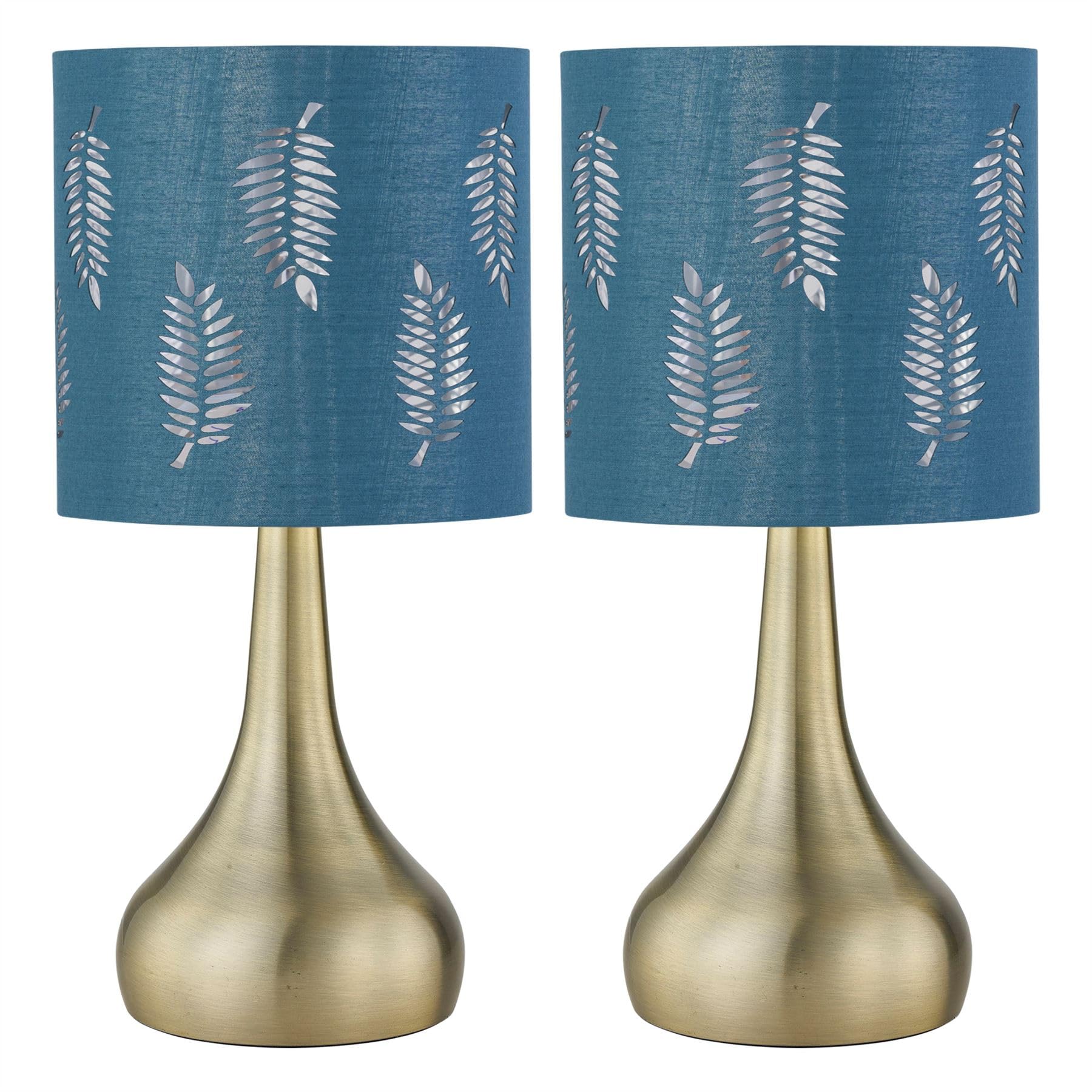 Firstchoicelighting Antique Brass & Teal Set Of 2 Antique Brass Touch Operated Table Lamps Or Bedside Lights, Modern Design, Height 36Cm, Teal Fern Shade, Led Compatible