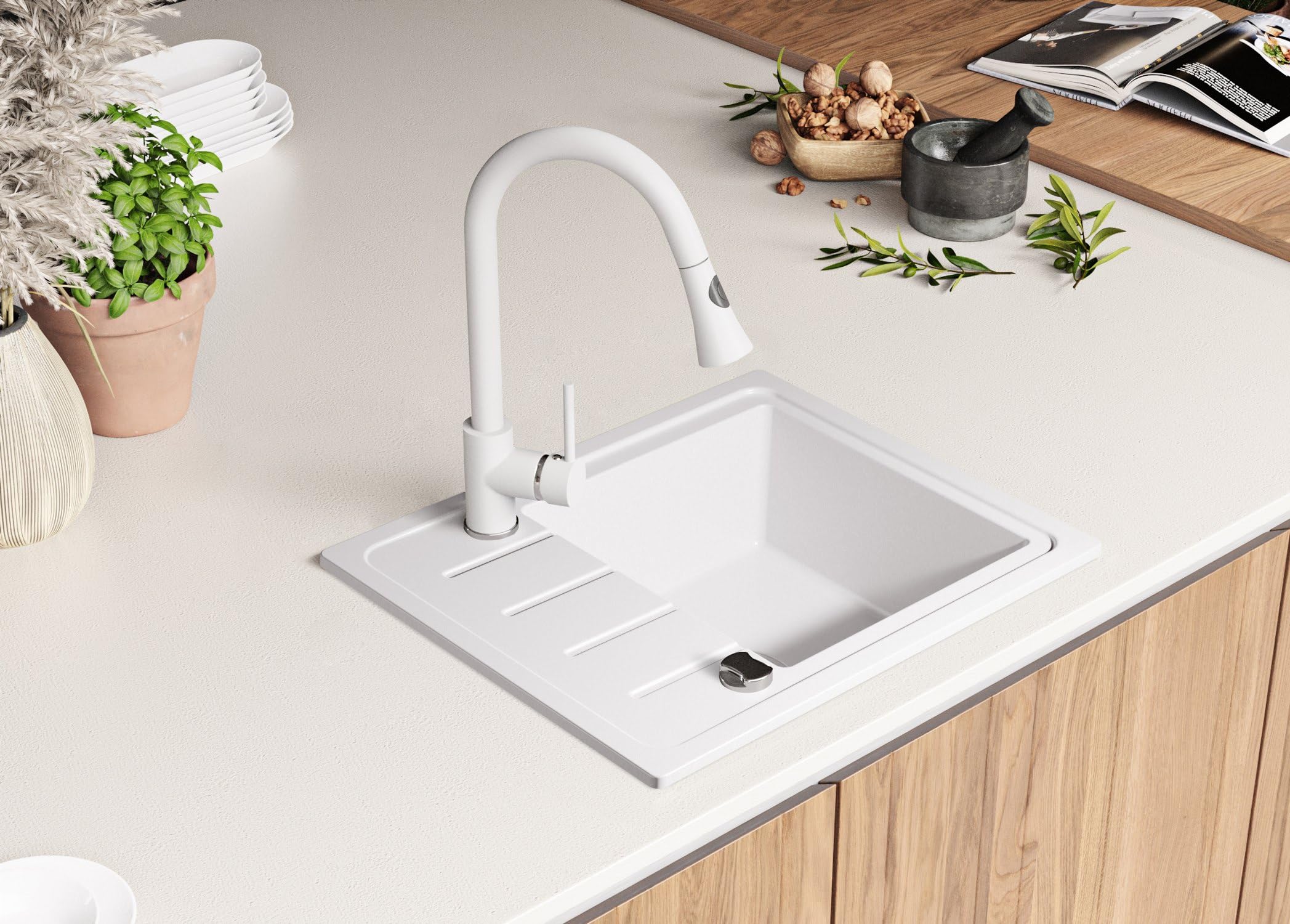 PRIMAGRAN Evier Cuisine en Granit Tout Blanc 55x44cm, Lavabo 1 bac + Kit de Vidage, Évier à Encastrer au Meuble 45cm - Copenhague Easy S008