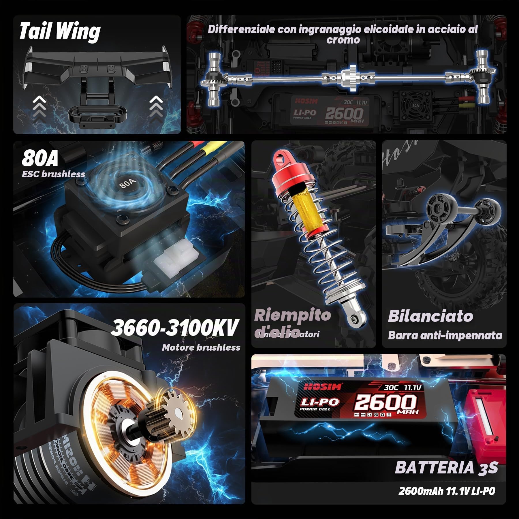 Hosim Auto telecomandata a partire dai 14 anni, 1:8, senza spazzole, 70+ km/h, alta velocità, 4 x 4, fuoristrada, impermeabile, grande auto RC per adulti, Truggy 40+ minuti con 2 batterie