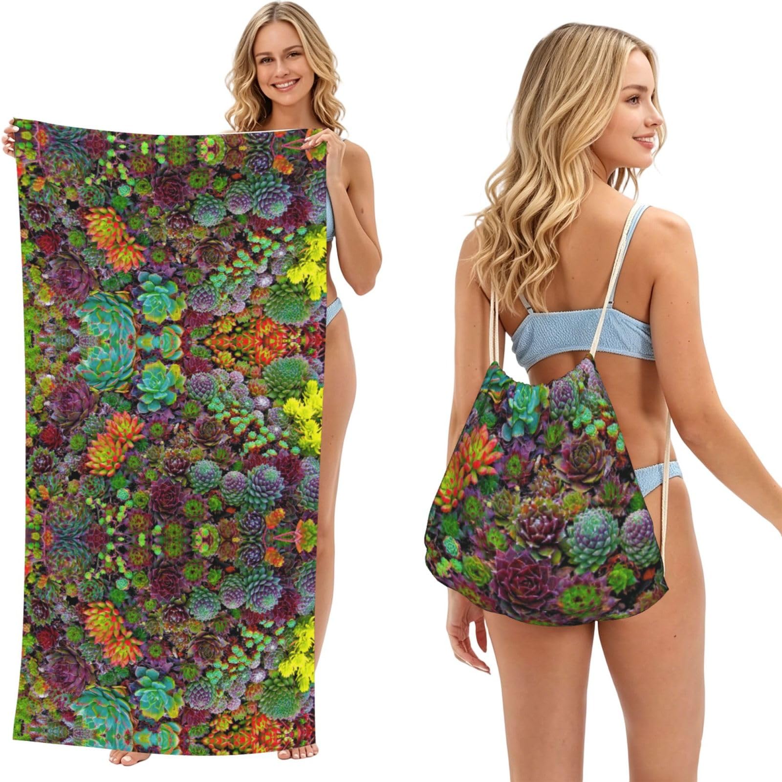 ESNAIUVCD Succulent Print Beach Towel For Adults,Towel With Drawstring Bag, Travel Pool Swimming Sports Shower Sand Free Quick