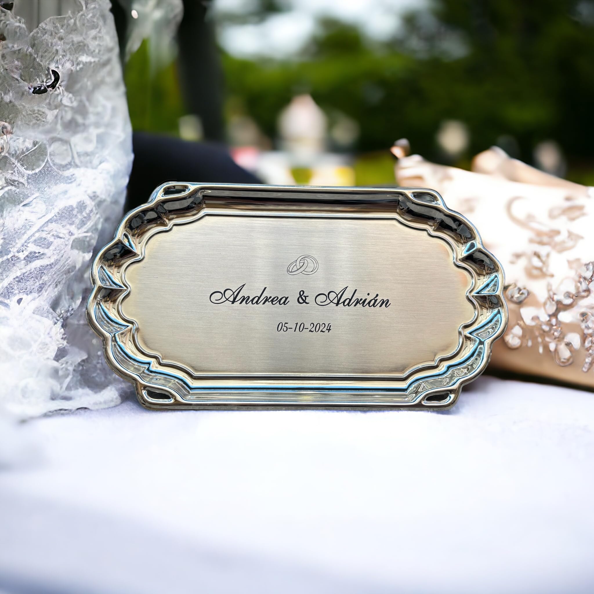 Bandeja para Arras matrimoniales Personalizada, grabada con Nombres y Fecha. Bandeja de Boda para Anillos alianzas. Enlace