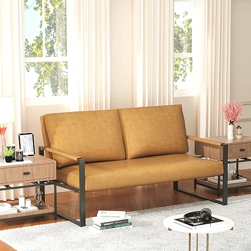 Miniatura 5 de Lamerge Sofá biplaza, moderno sofá de piel sintética de 2 plazas, sofá de mediados de siglo tapizado, sillón decorativo para sala de estar con marco