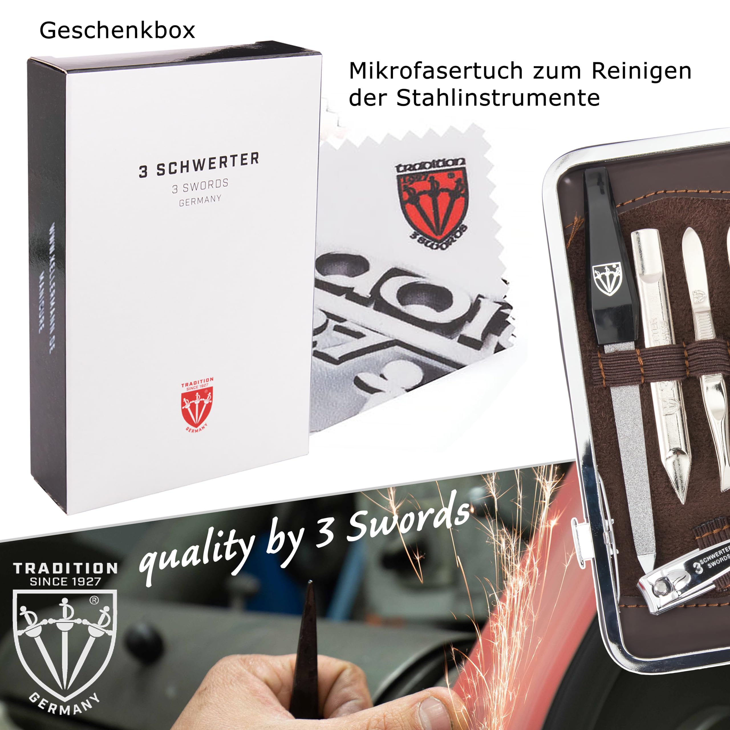 DREI SCHWERTER - Germany 7-tlg. Maniküreset 'Pistoia' | Maniküre Set Nagelset im Kunstlederetui kroko braun | Inhalt: Nagelschere, Hautschere, Nagelknipser, Pinzetten, Saphirnagelfeile uvm