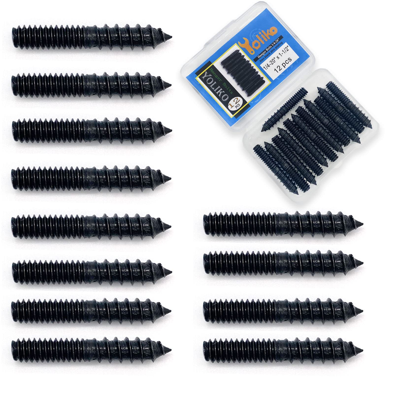 Yoliko 12 Pack 1/4-20 x 1-1/2 Inch Black Hanger Bolts 1/4-20" Double Headed Bolts 1/4 Wood Dowel Screw Self-Tapping Screw Hanger Bolts for Furniture