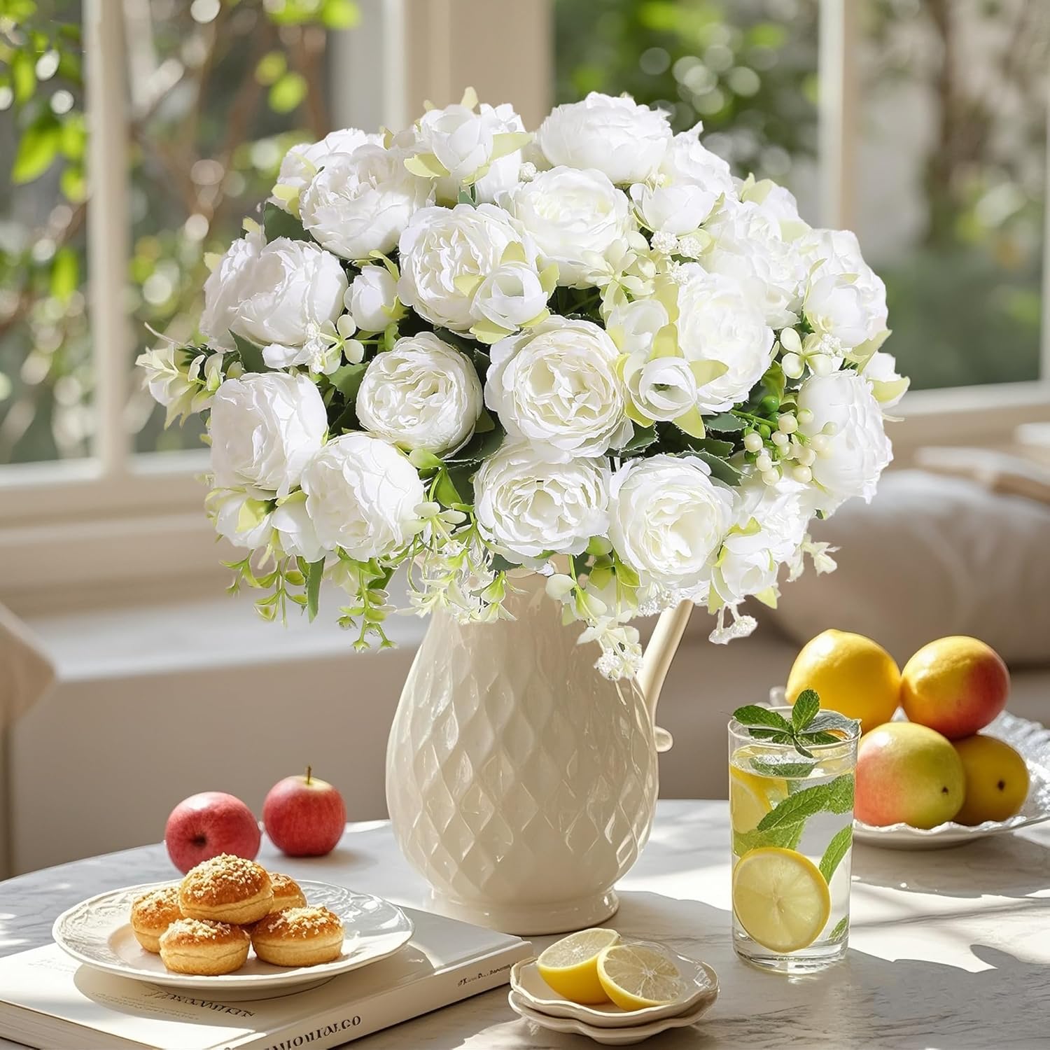 12 Bundles Peonies Artificial White Flowers Bouquet, Lifelike Silk Fake Peonies with Stems for Home Table Centerpieces, Wedding, Party & DIY Bridal Floral Arrangements (White) - Image 5