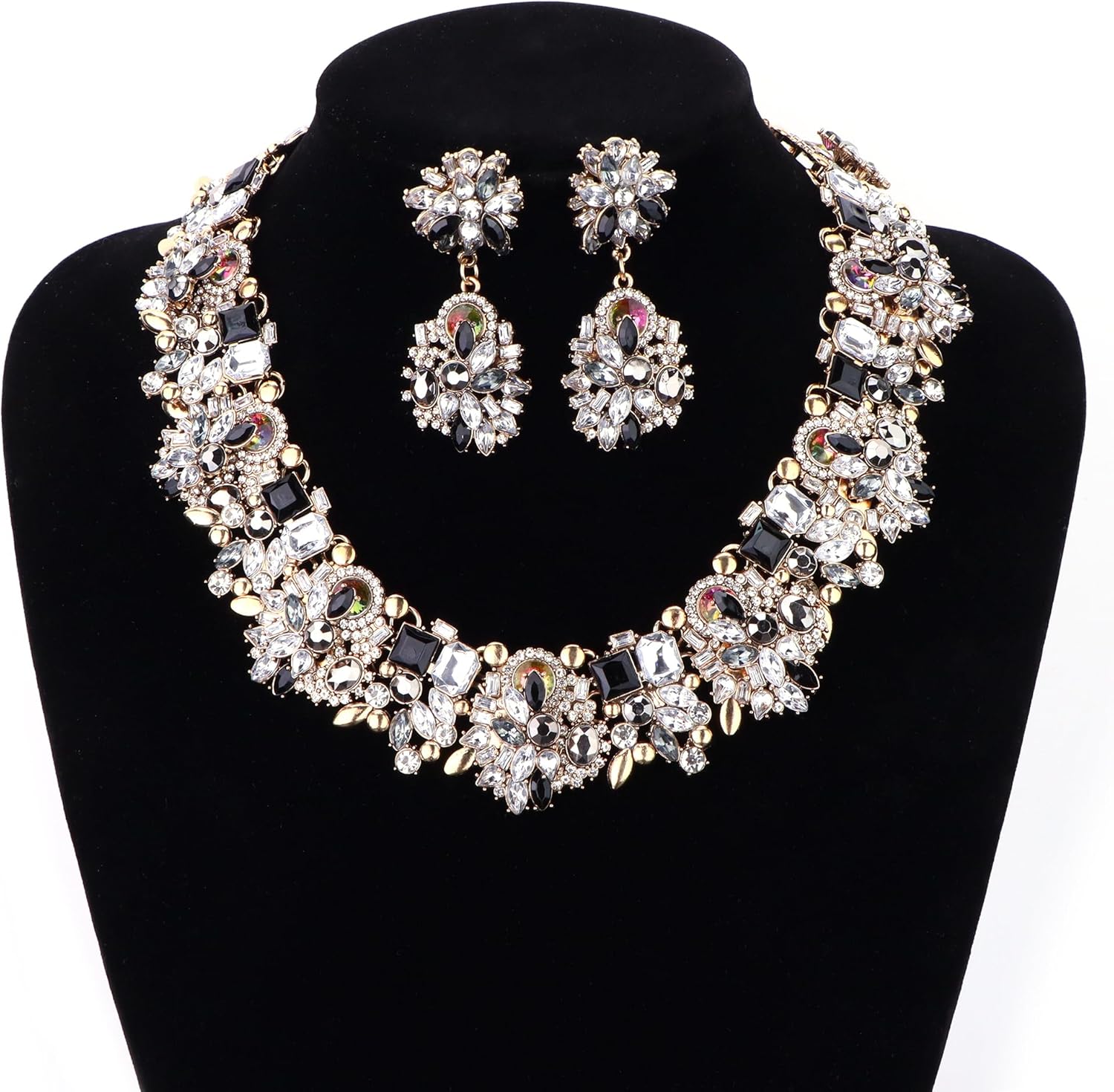 JOERICA Bib Statement Necklace for Women Chunky Choker Necklace and Earrings Set Vintage Rhinestone Statement Necklace Fashion Costume Jewelry for Women
