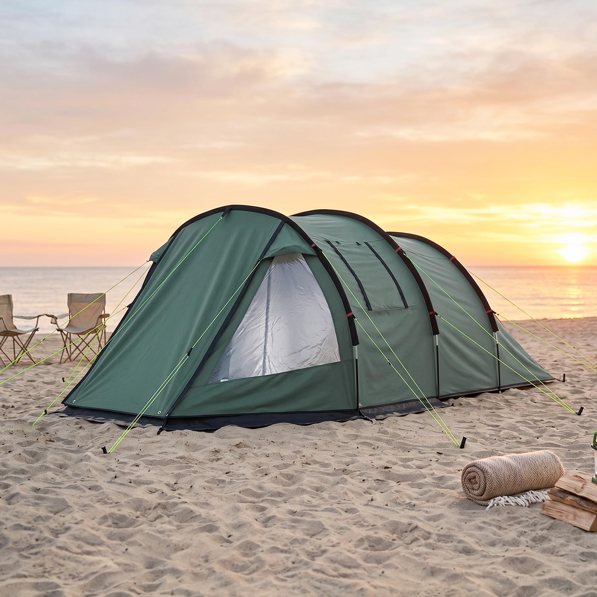 Outsunny Tienda de Campaña de Túnel Tienda Camping para 3 Personas Impermeable PU2000 mm Protección UV30+ con Ventanas y Bolsa de Transporte para Trekking Camping Playa Aventura 475x264x172 cm Verde