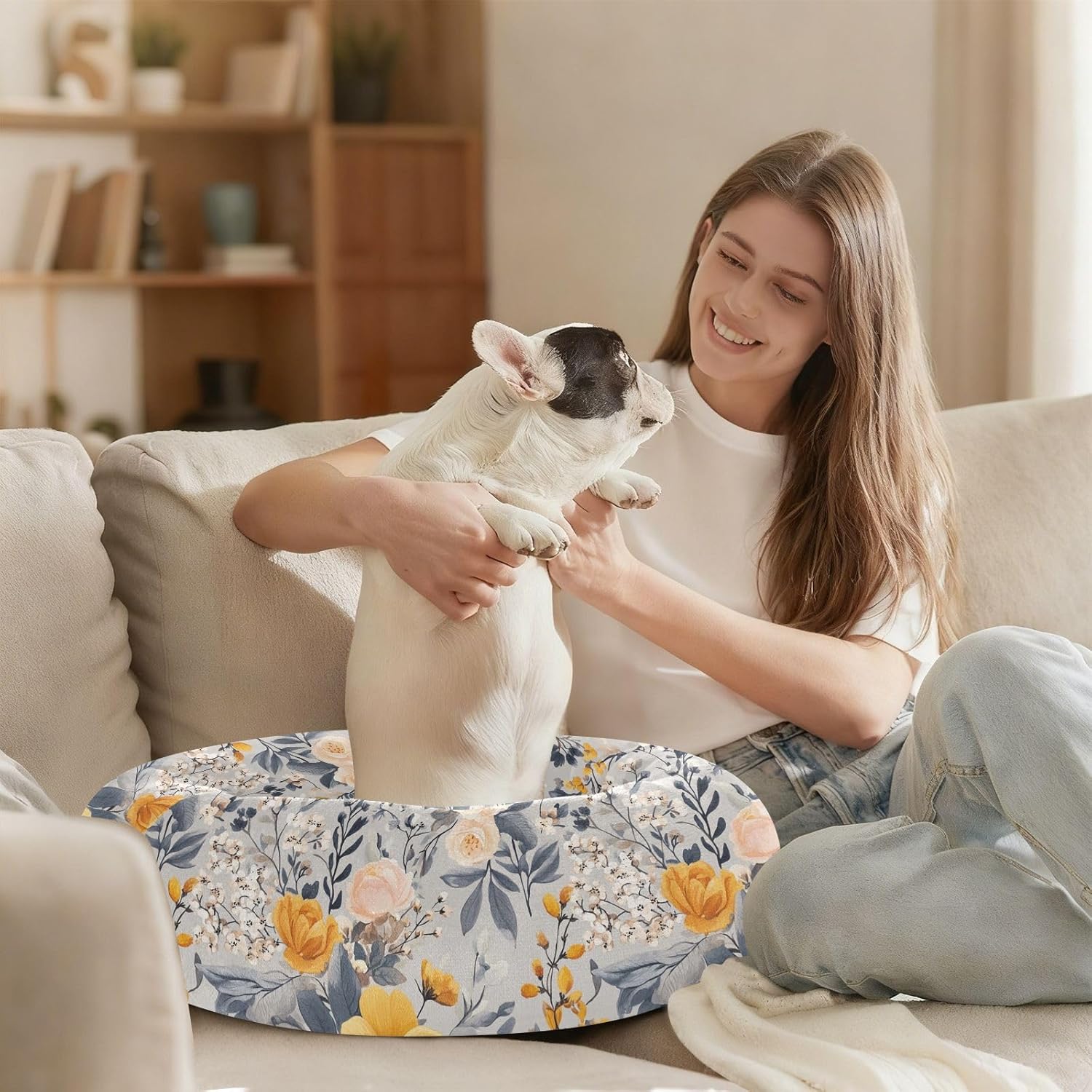 Pet Dog Bed Donut Cuddler Fluffy Dog Pillow Bed for Small Size Pets Sleeping M Fall Flowers Rose Sage Grey