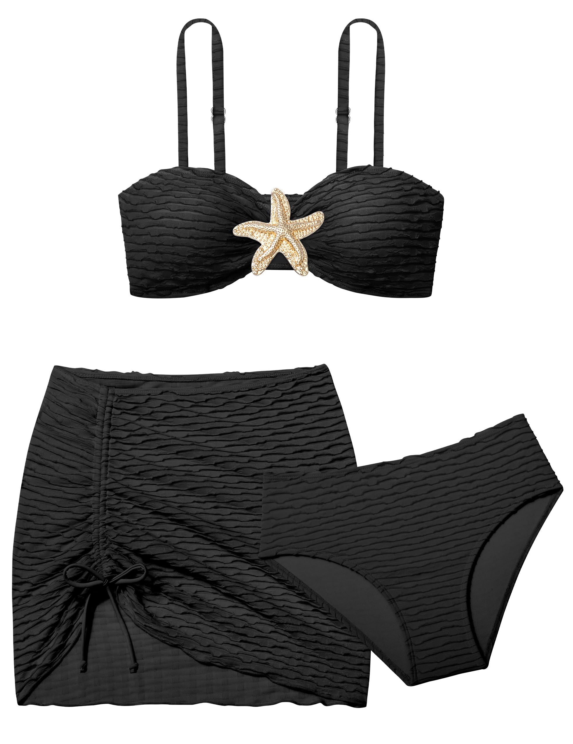 Girls Swimsuit Double Strap High Waist Sporty Bikini Swimsuits Swim Cover Up Skirt 3 Piece Set