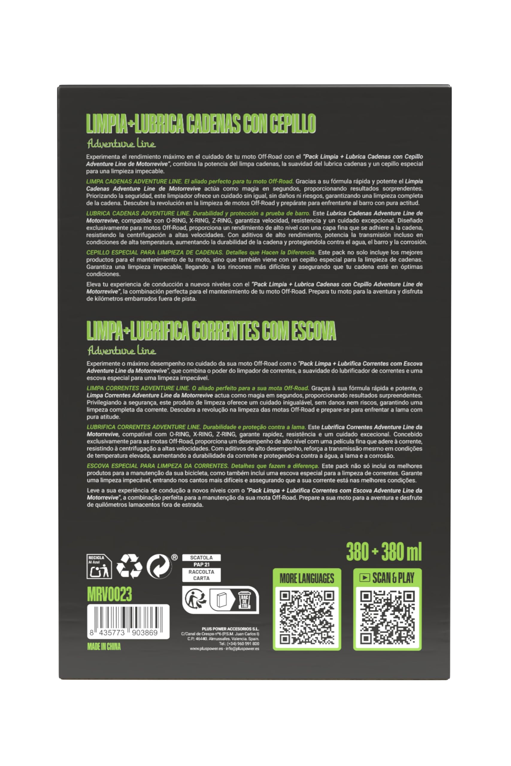 Pack Adventure Line con Limpiador, Lubricante y Cepillo para Cadenas de Moto Off-Road 380 + 380 ml | Mantenimiento Completo para Motocross, Enduro y Rutas Todo Terreno