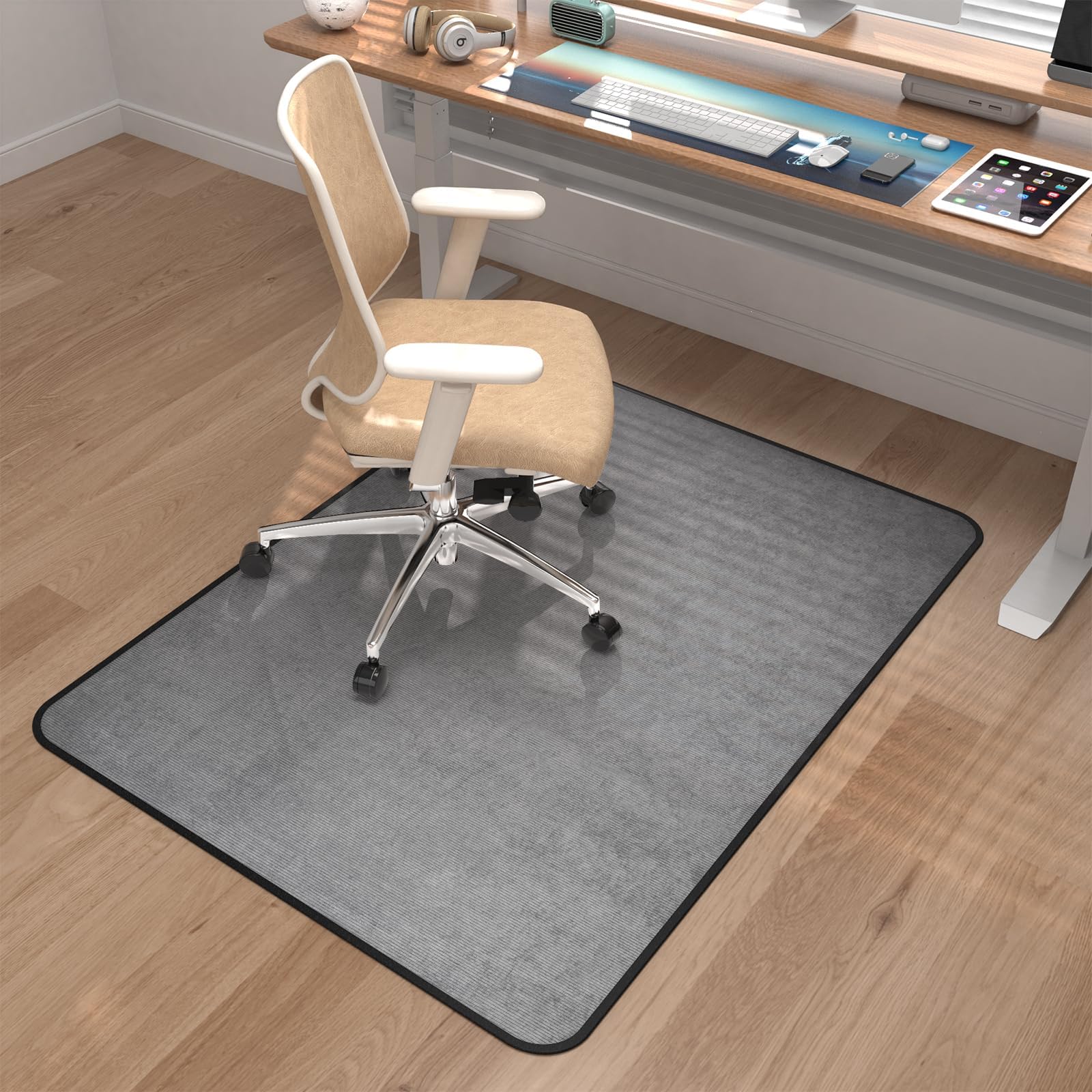 Placoot Corduroy Heavy Duty Office Chair Mat for Carpet & Hardwood Floors, Tri-Fold Floor Mat, Desk Chair Mat for Carpeted Floors and Hardwood Floor for Home Office Light Gray,48'' x 36''
