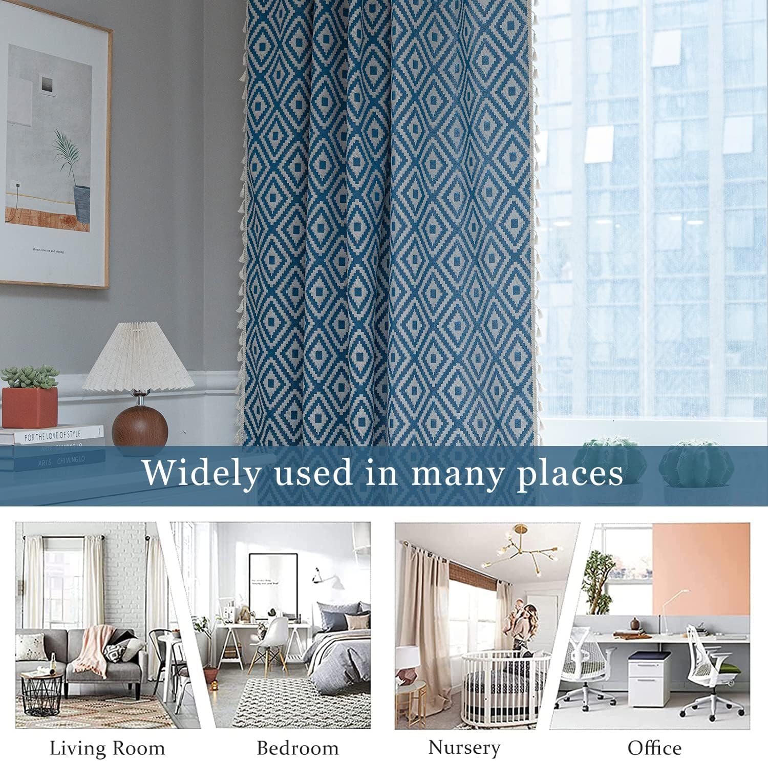 Boho Vorhänge 132×180 cm Blau Gardinen 2er Set Gardinenschals mit Quasten Baumwolle Bestickte Vorhang Blickdicht Geometrische Muster Verdunkelungsvorhänge für Morden Schlafzimmer Wohnzimmer