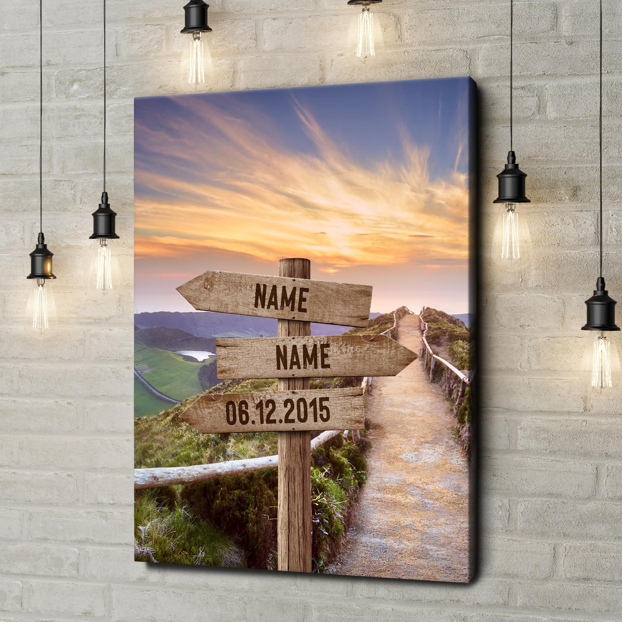 Liebesleinwand Leinwandbild personalisiert | Leinwand gestalten mit Namen und Datum Geschenk für Partner | Wegweiser zur Aussicht